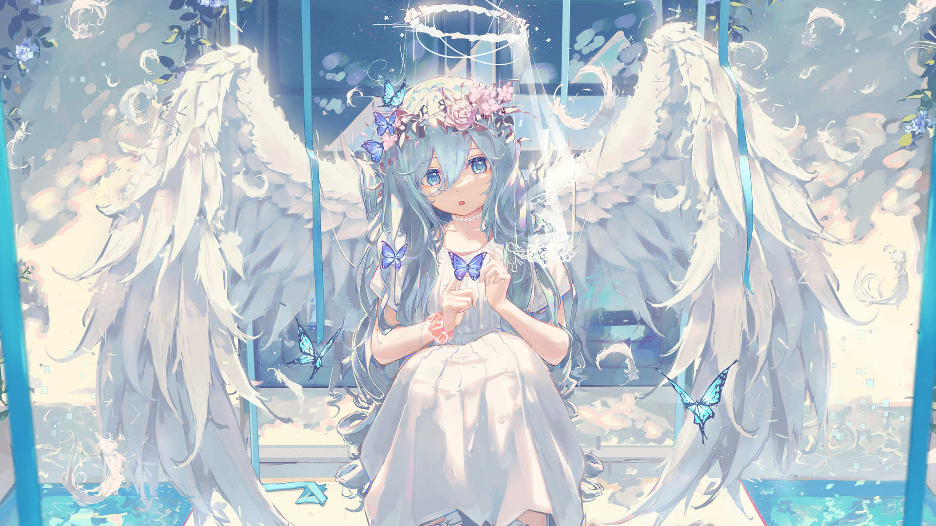 热门坐着 蓝头发 蓝眼睛 福音 动漫 蝴蝶 翅膀 天使 花冠 连衣裙 白色连衣裙 高清壁纸 6535×4019