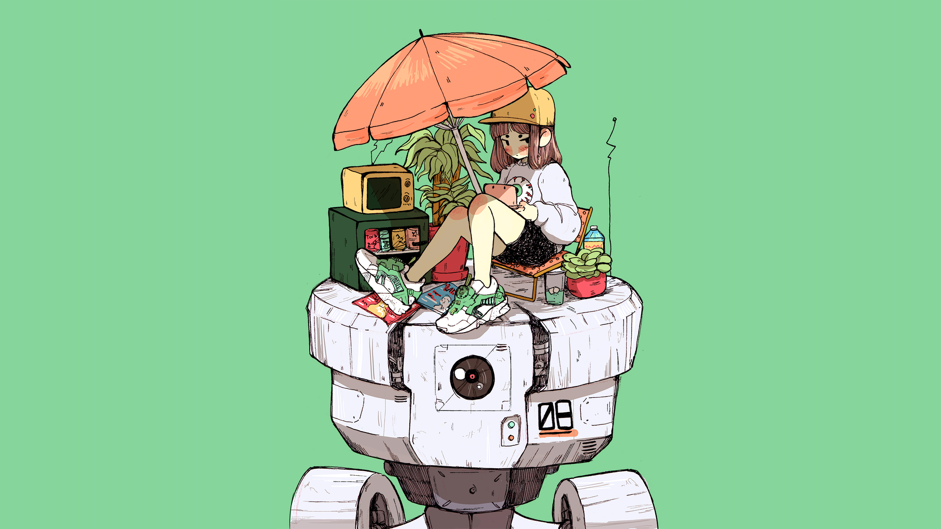 动漫女孩 漫画 阳伞 简单背景 动漫 机甲 绿色 护眼 电脑 无水印壁纸 4600×2588