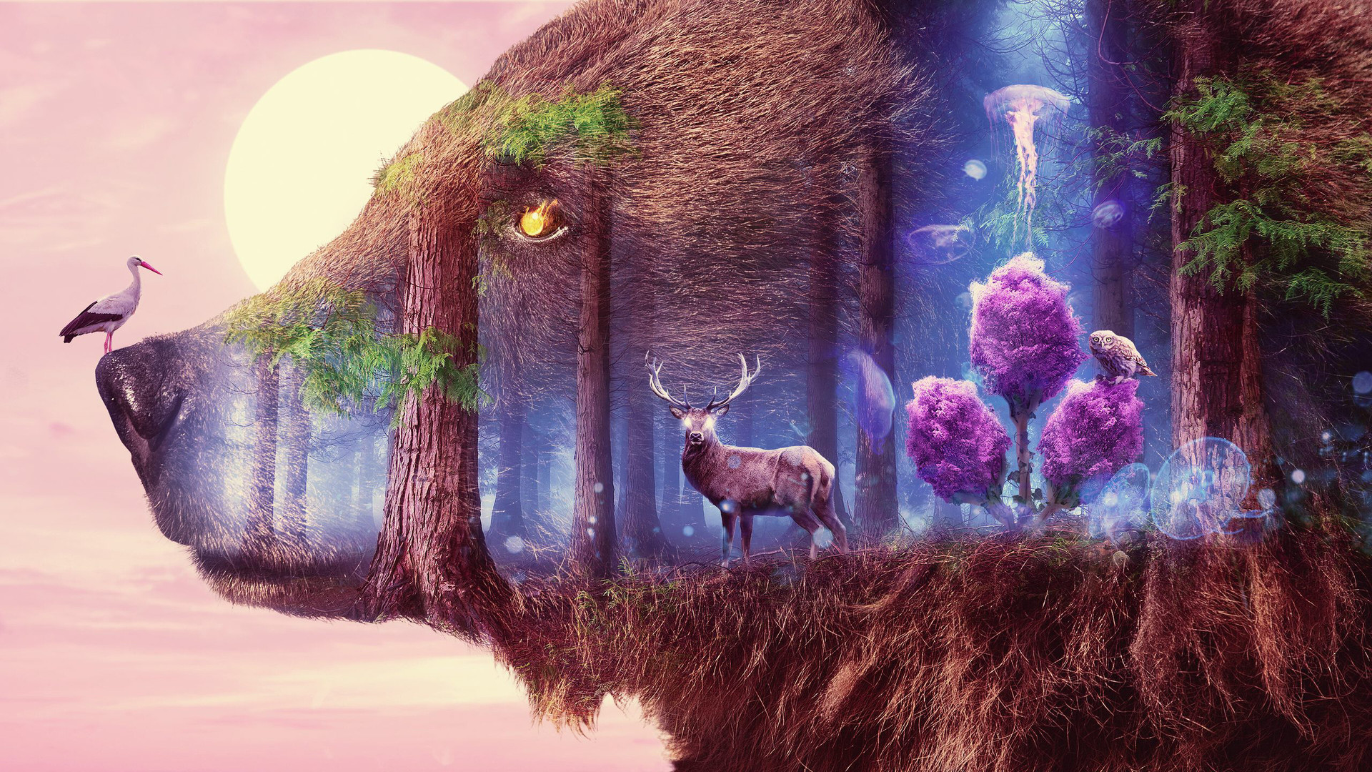 唯美AI艺术 插图 自然 树木 森林 奇幻艺术 动物 鹿 狼 灯 风景 猫头鹰 水母 电脑 壁纸 3840×2160