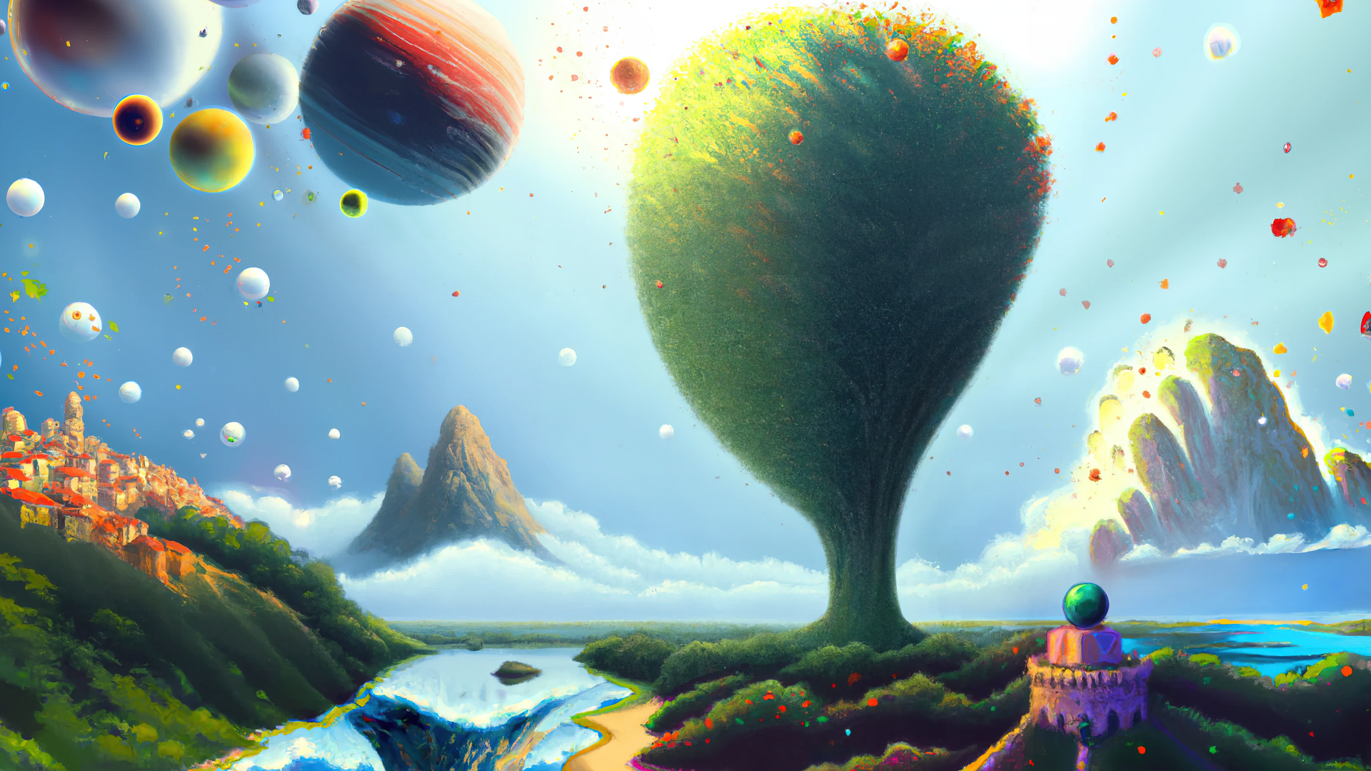 超清艺术 绘画 幻想艺术 风景 树木 村庄 城镇 山 湖 行星 电脑 高清壁纸 3840×2160