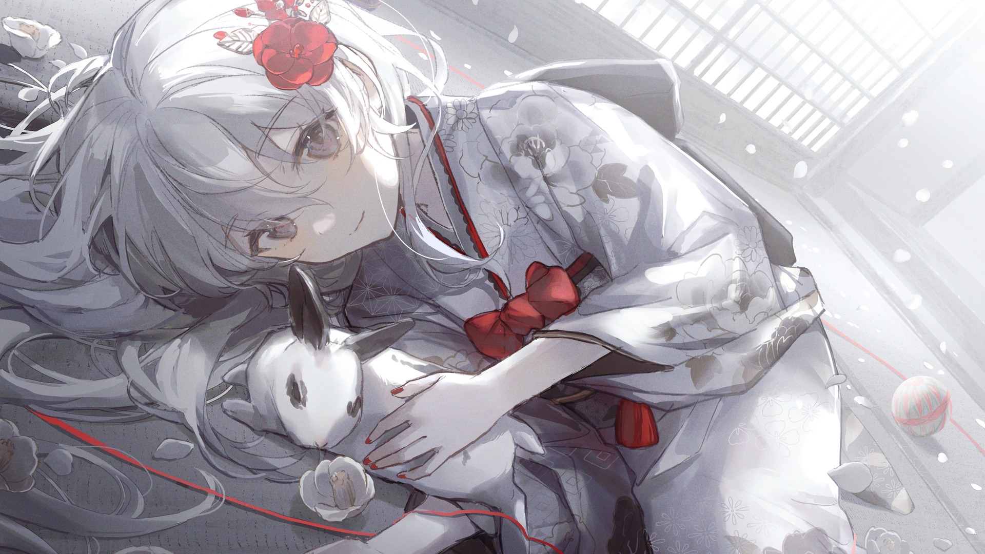 热门灰色的眼睛 微笑 长发 动漫女孩 和服 花 银发 兔子 壁纸 4093×2894
