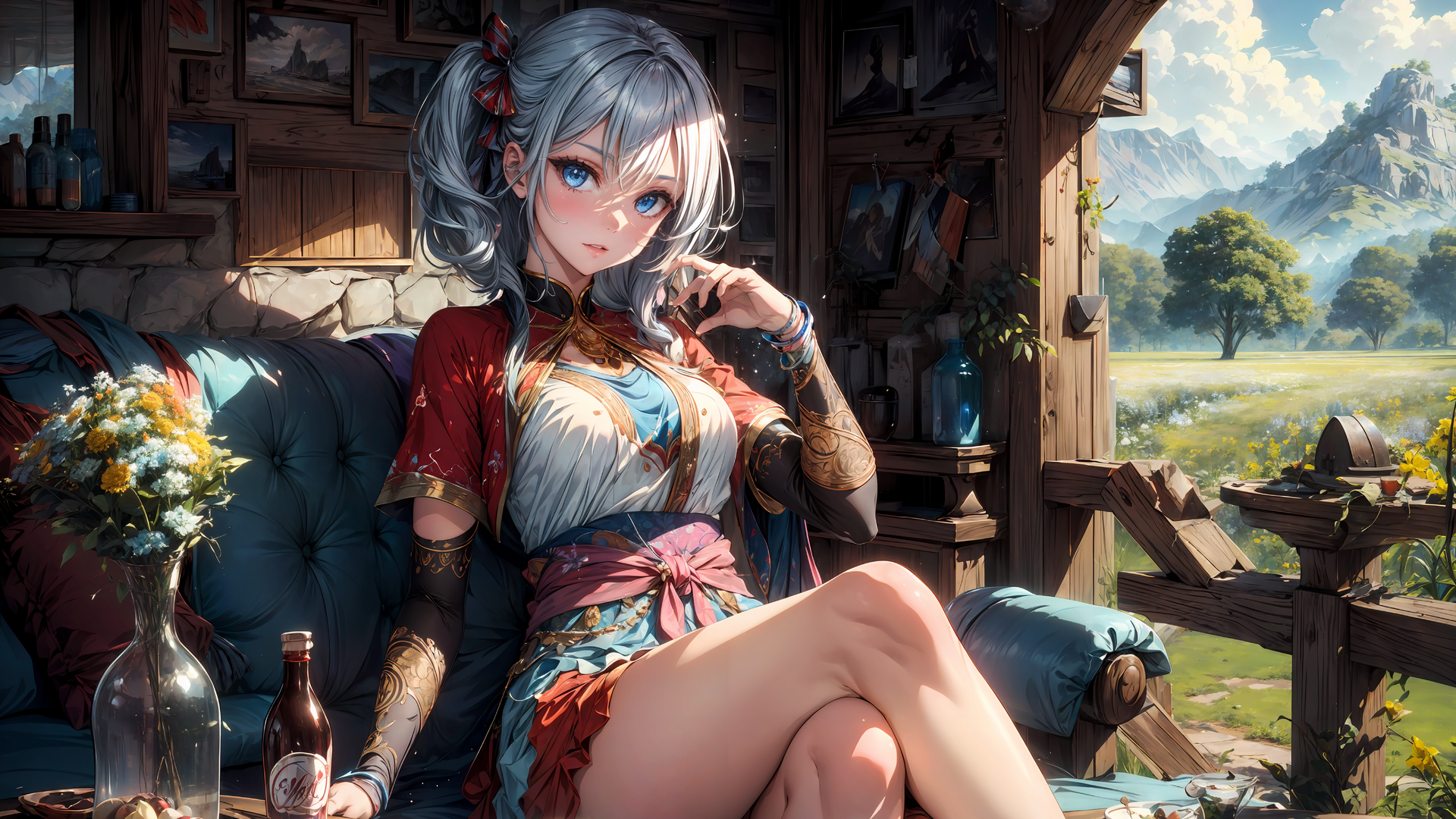 超清女人 蓝眼睛 白发 短发 大腿 艺术 动漫 服装 动漫女孩 电脑 壁纸 3840×2160