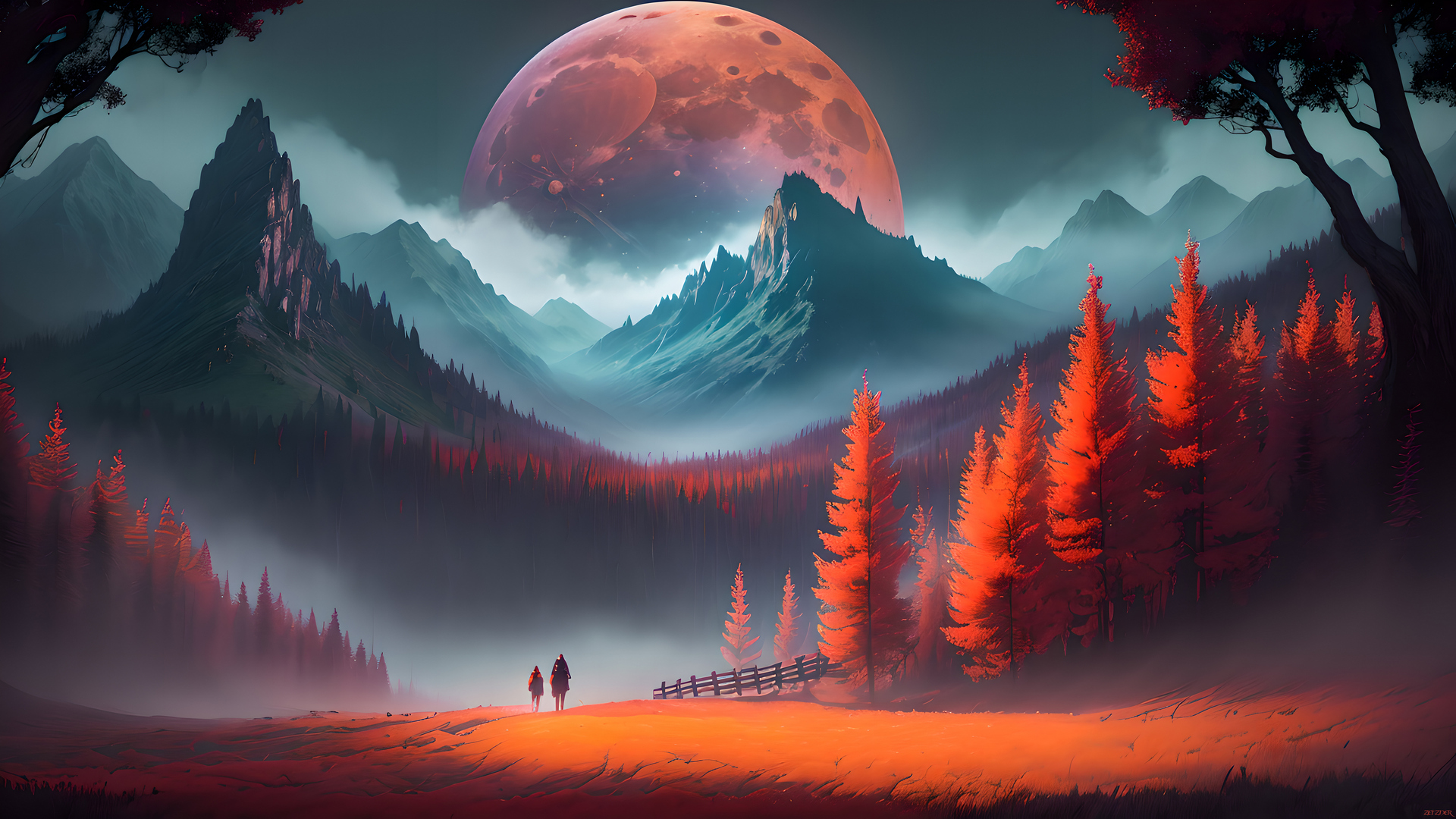 绚丽艺术 自然 风景 森林 山 月亮 天空 云 树 电脑 高清壁纸 3840×2160