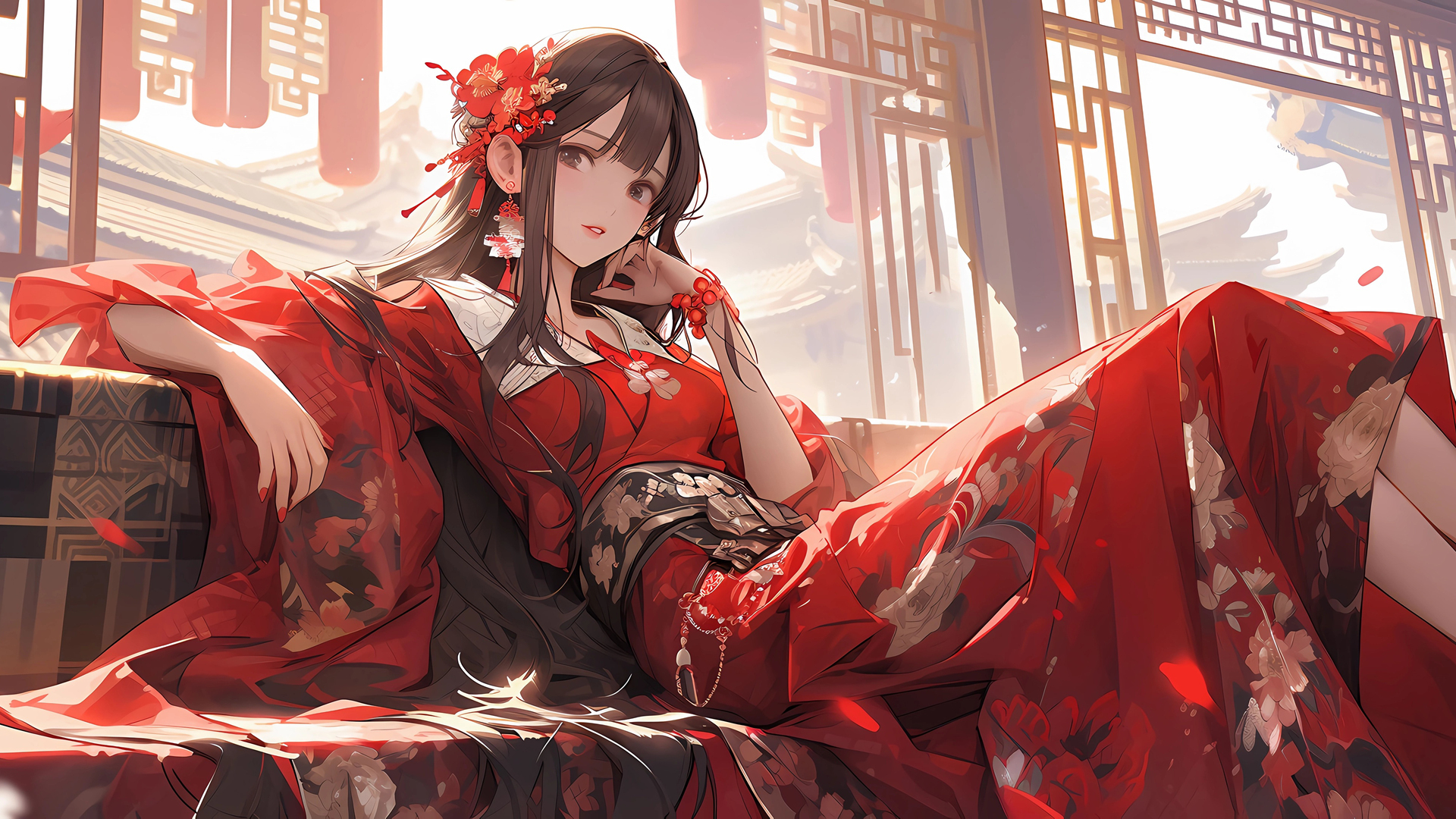 高清红色服装 头花 坐着 电脑 壁纸 3840×2160