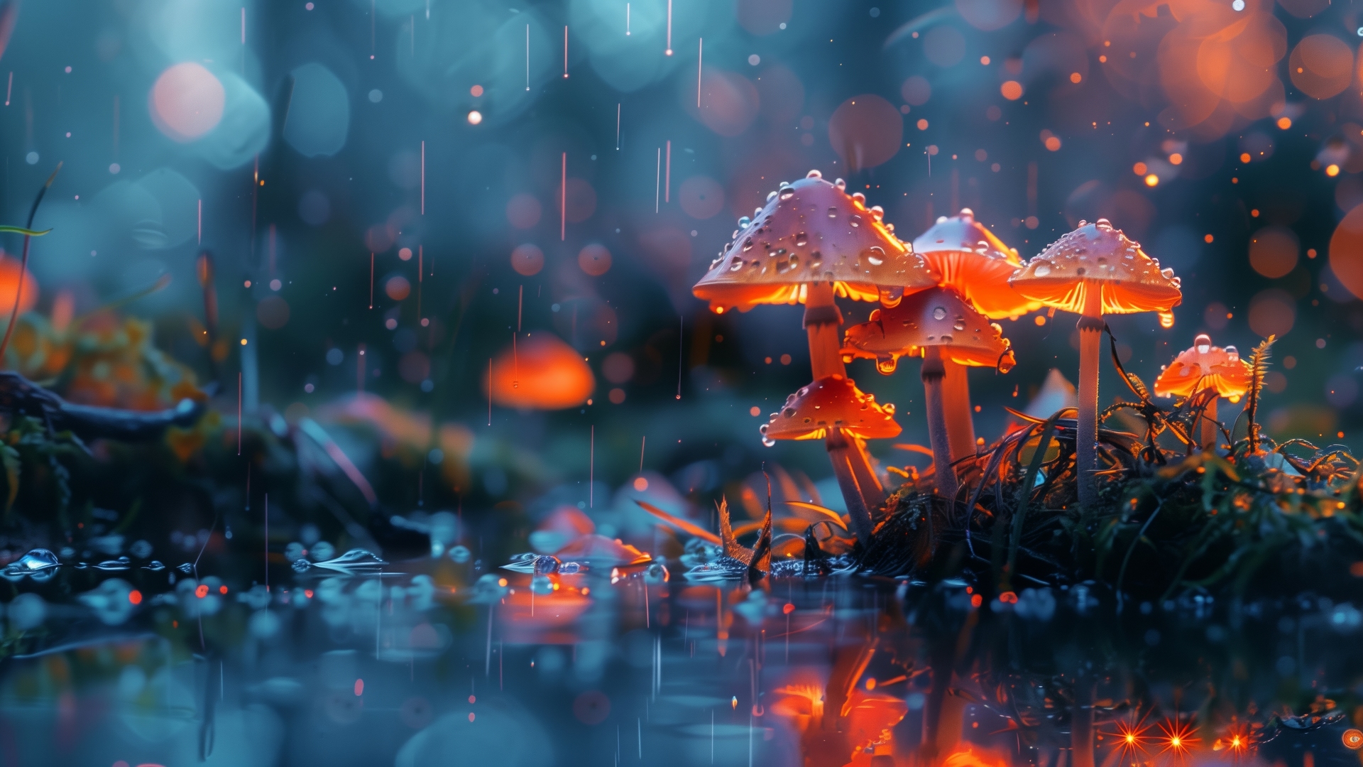 蘑菇 雨 发光 蓝色 电脑 壁纸 5824×3264