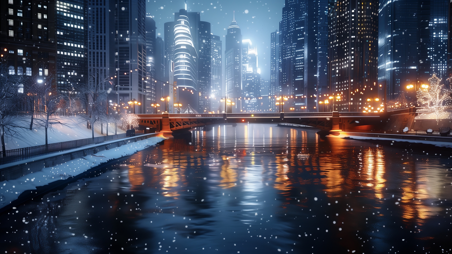 经典AI艺术 桥梁 冬天 雪 水 城市 电脑 壁纸 5824×3264