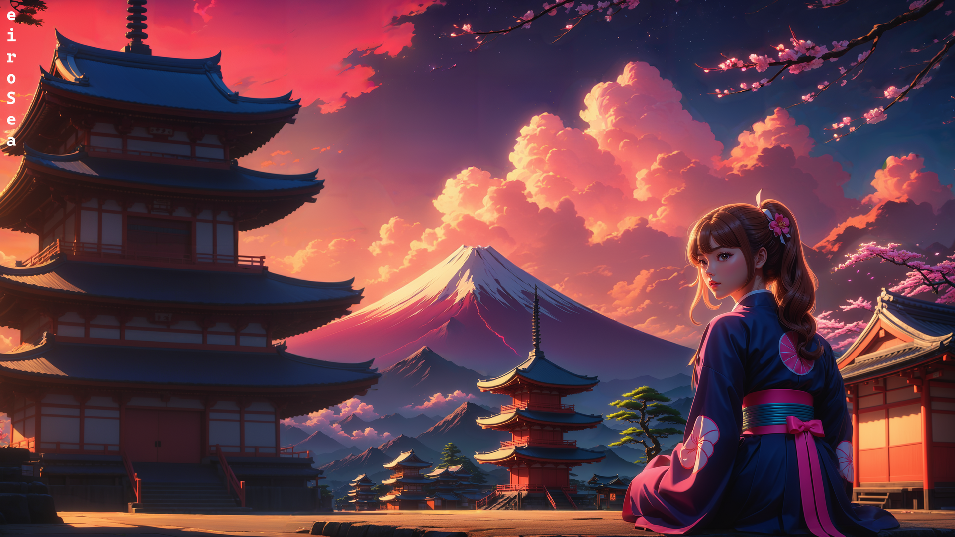 精选长发 插图 AI艺术 数字艺术 肖像 山 云 寺庙 和服 电脑 4K壁纸 5120×3072