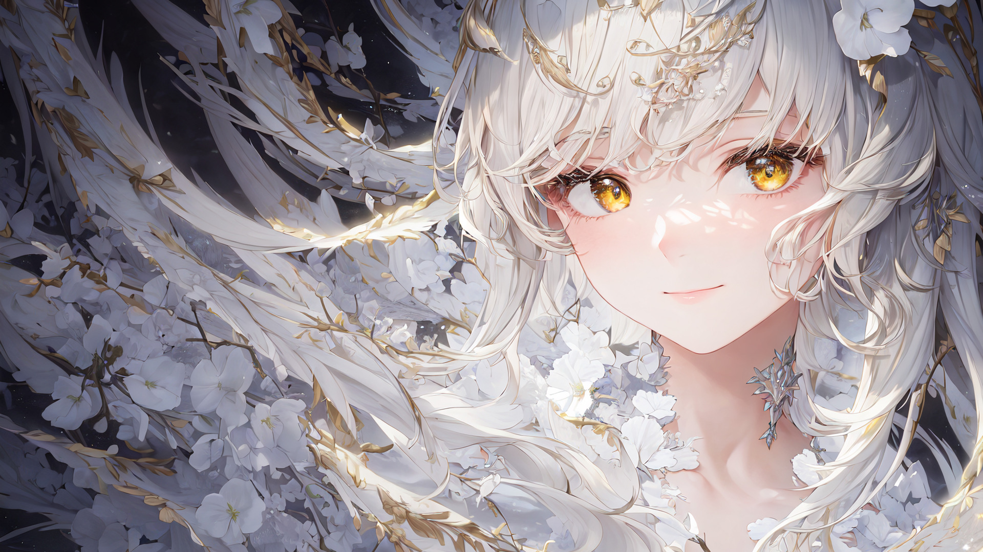 白发 长发 动漫 动漫女孩 黄眼睛 鲜花 白色衣服 电脑 壁纸 5120×3840