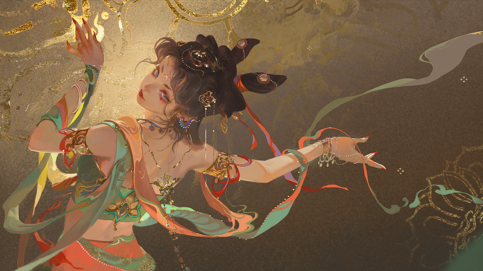 女人 黄金 舞蹈 极简主义 敦煌壁画 电脑 壁纸 6530×2959