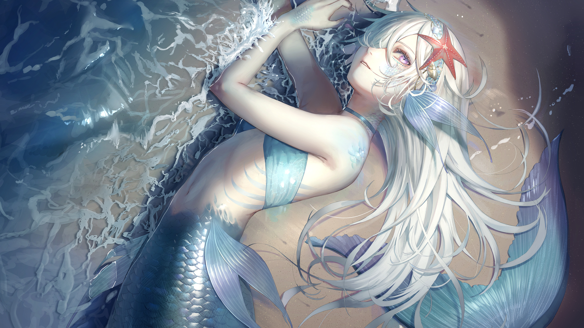 唯美动漫 动漫女孩 紫色眼睛 海绵 海星 美人鱼 电脑 无水印壁纸 5016×3541