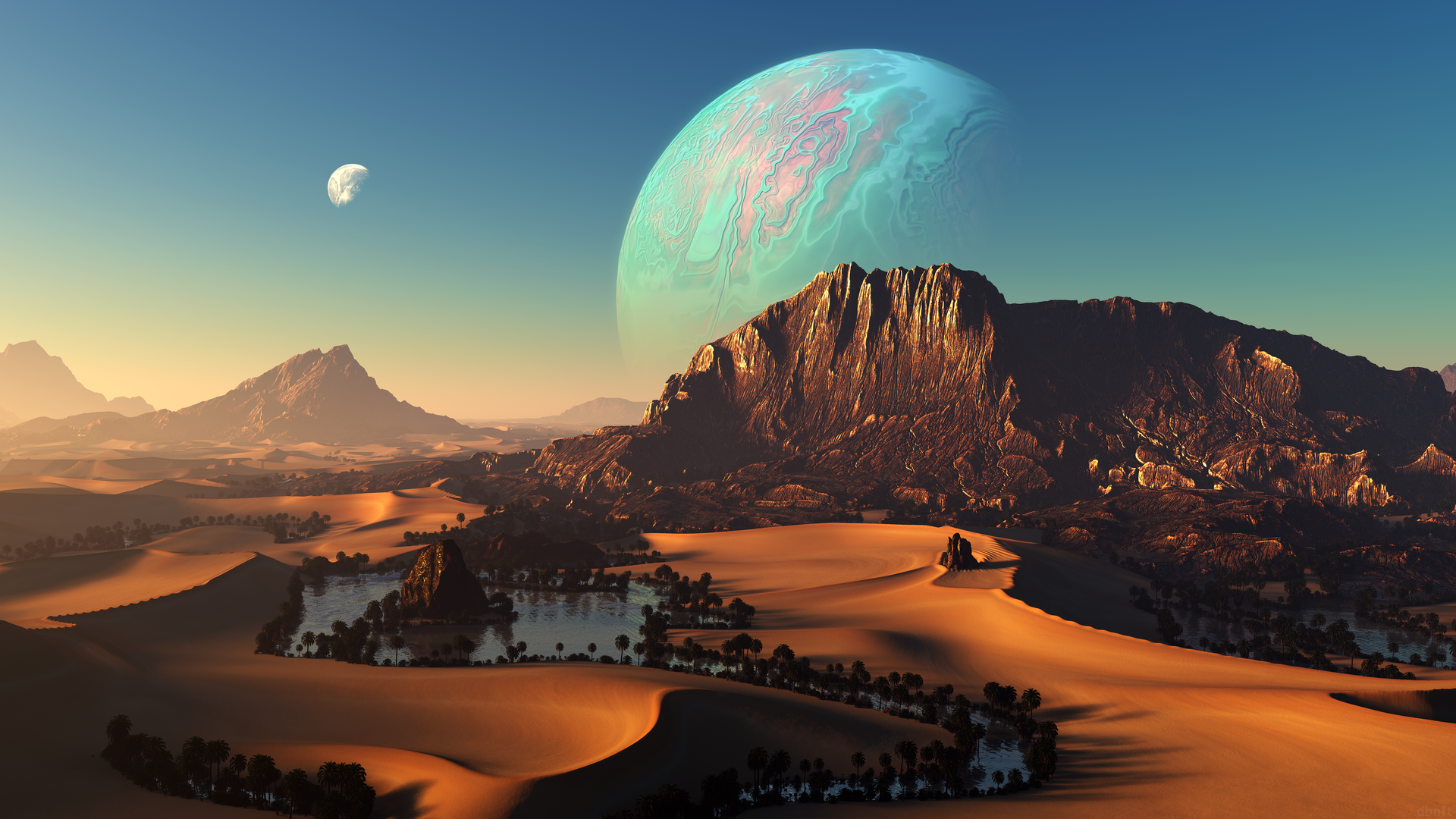 AI艺术 自然 风景 沙漠 绿洲 行星 山脉 沙子 棕榈树 电脑 手机壁纸 5120×2880
