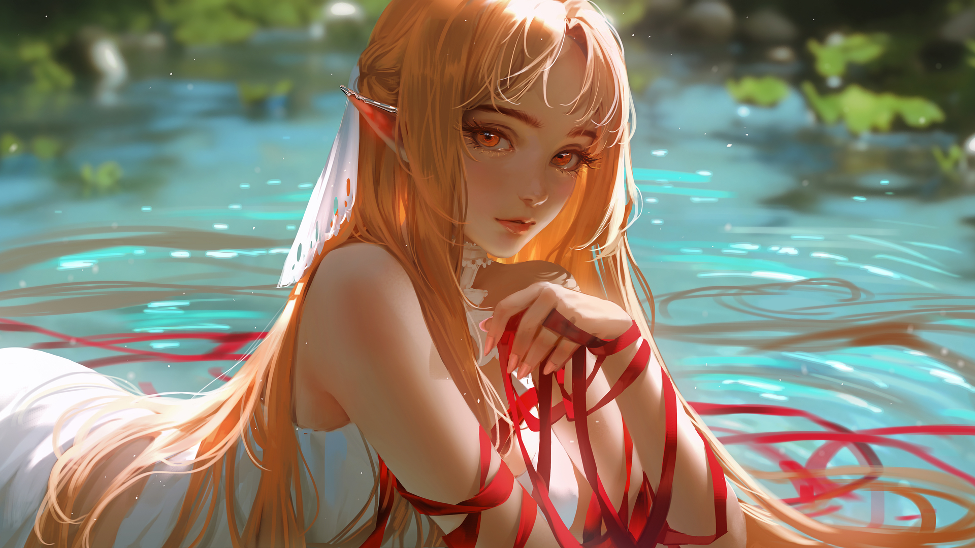 长发 刀剑神域 插图 兽耳 模糊 水 动漫女孩 电脑 壁纸 6956×3897