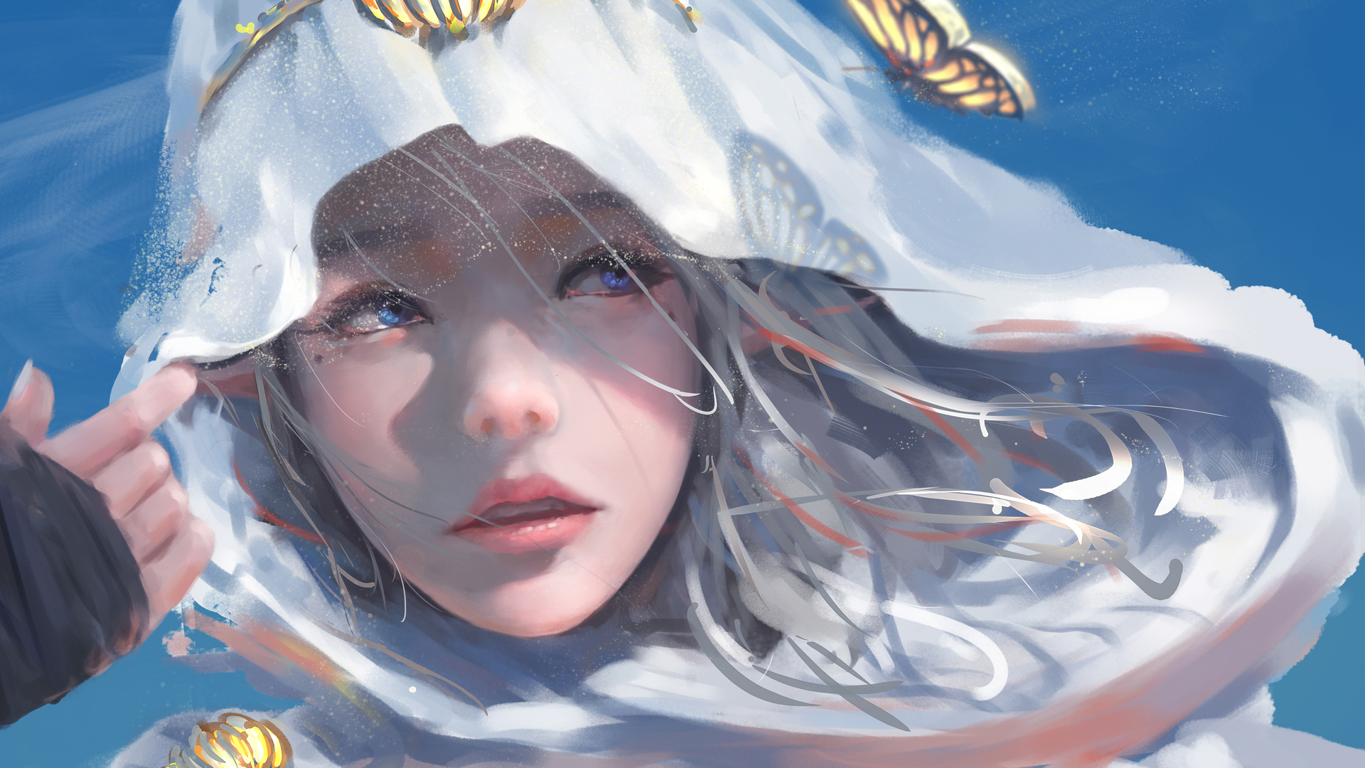 热门蓝眼睛 梦幻女孩 女人 脸 蝴蝶 兜帽 电脑 高清壁纸 4964×3259