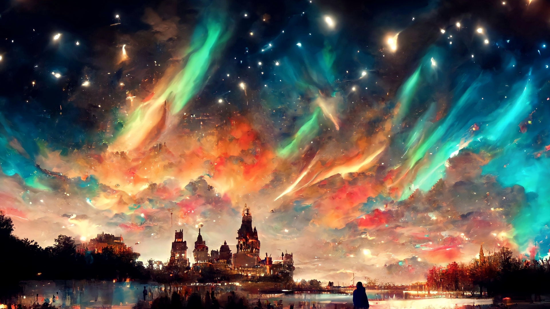 风景 夜晚 极光 城堡 王国 湖泊 树木 星星 云 电脑 4K高清壁纸 4036×2178