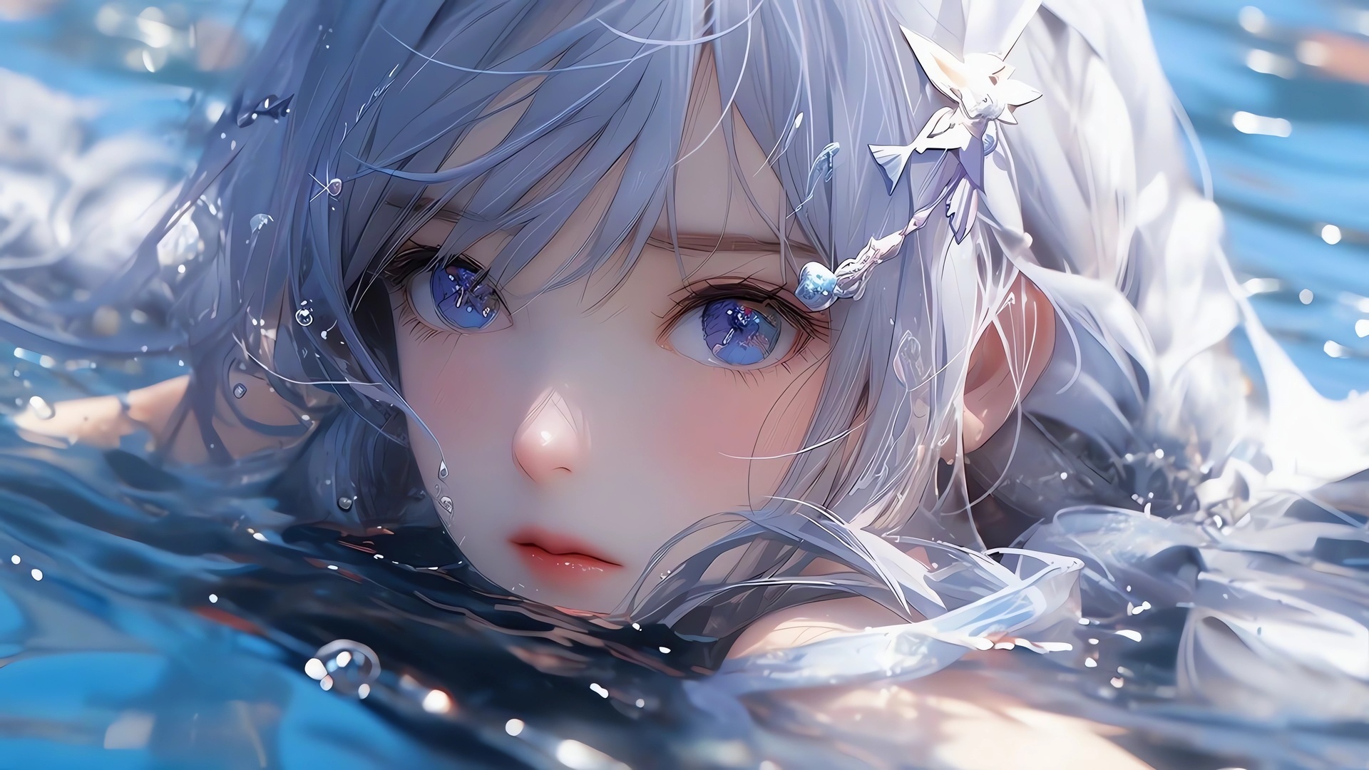 热门蓝眼睛 长发 水 水中女孩 银发 电脑 高清壁纸 3840×2160