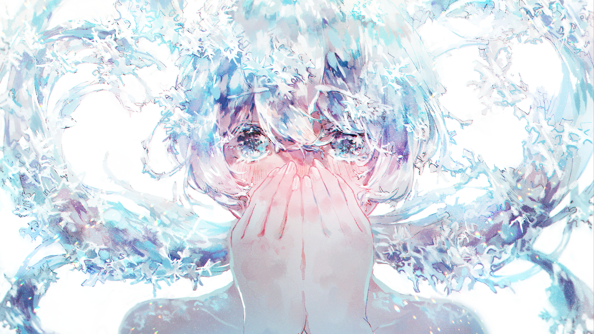 绚丽短发 动漫 动漫女孩 水色眼睛 白色背景 水 水花 壁纸 3840×2160
