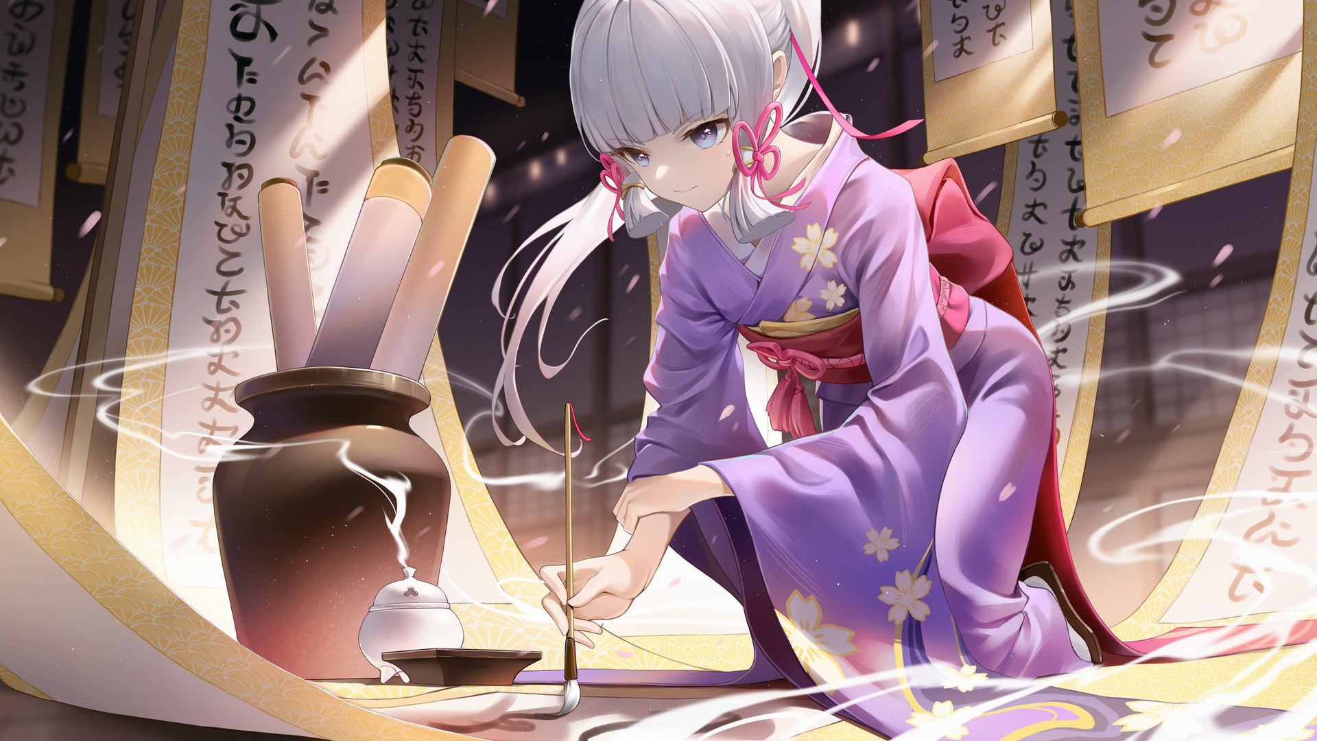 热门电子游戏角色 白发 蓝眼睛 练习书法的女孩 和服 高清壁纸 3840×2160