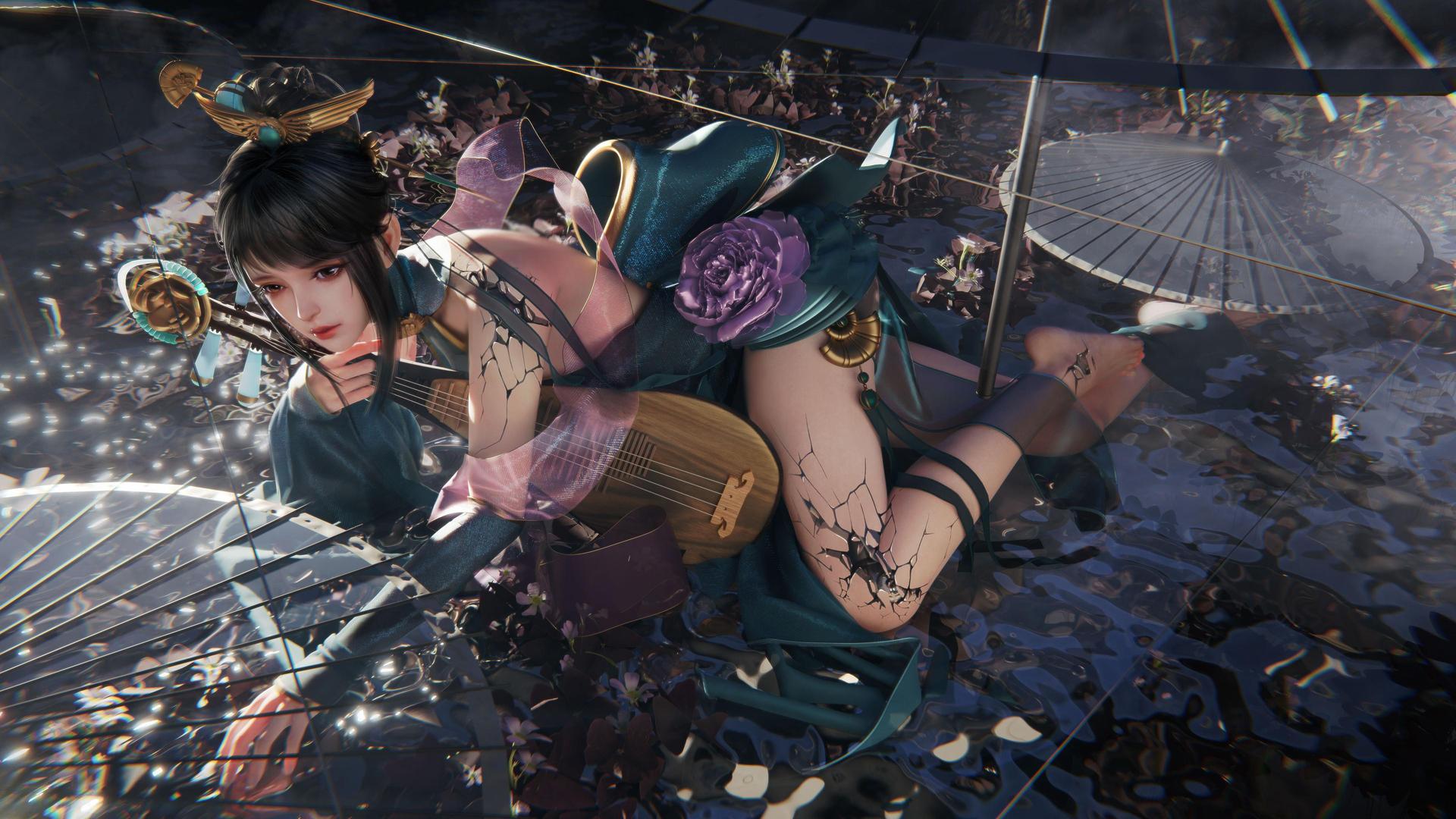热门女人 梦幻女孩 古典风格 抱琴的女孩 高清壁纸 3840×2160
