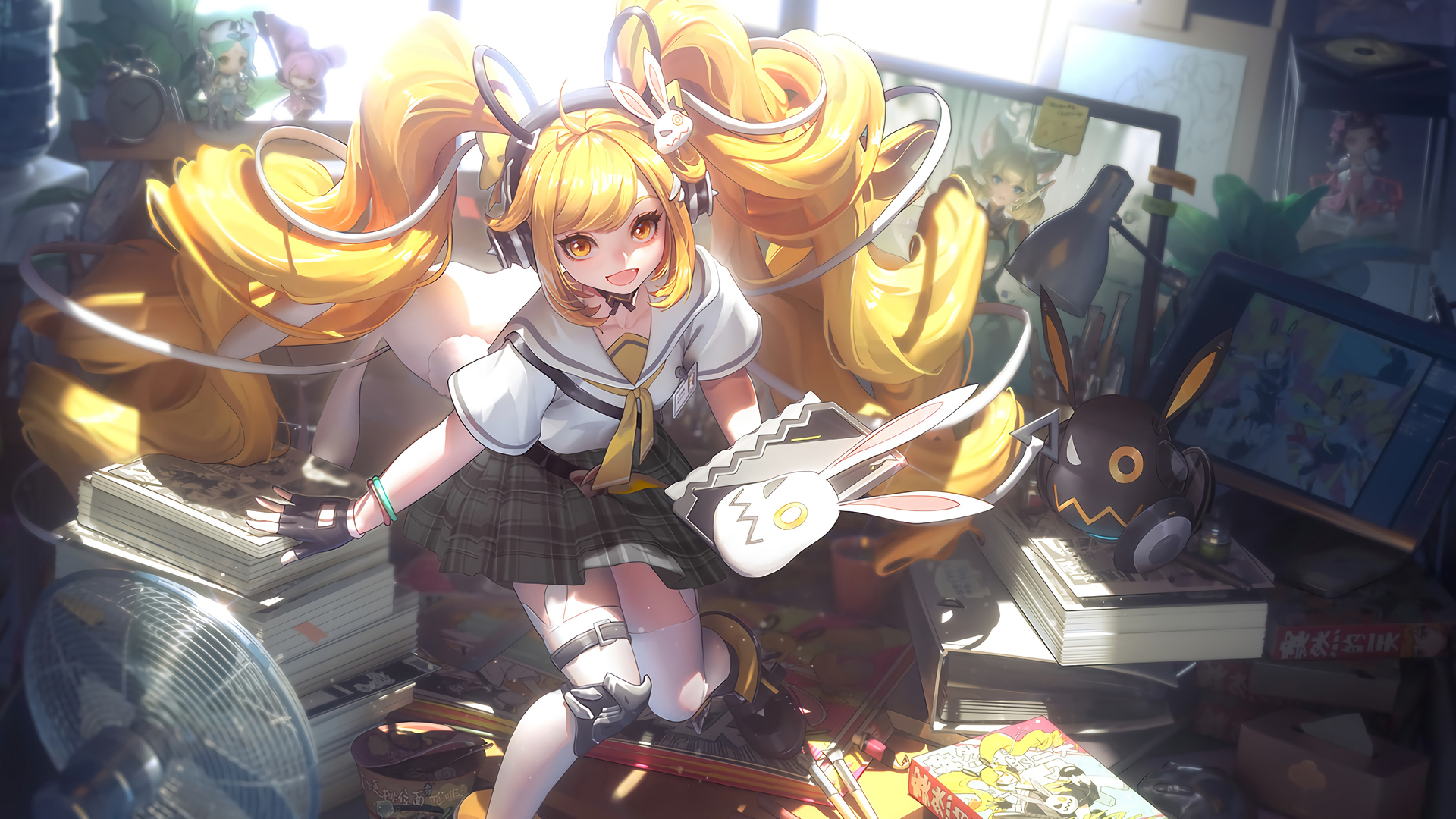 经典王者荣耀 安琪拉 动漫女孩 双尾 黄眼睛 校服 4K壁纸 3840×2160