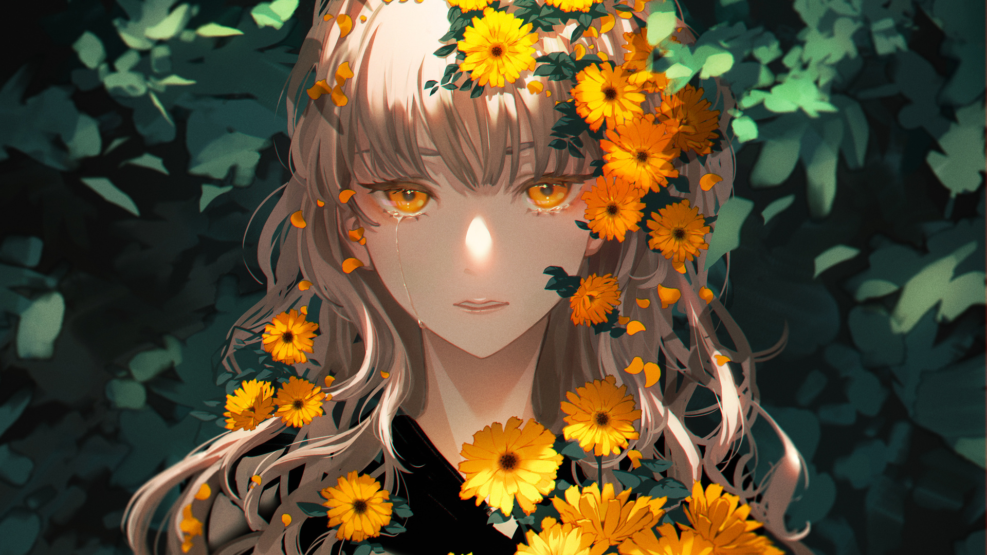 超清动漫 动漫女孩 植物 鲜花 向日葵 黄眼睛 哭泣 桌面壁纸 3840×2160