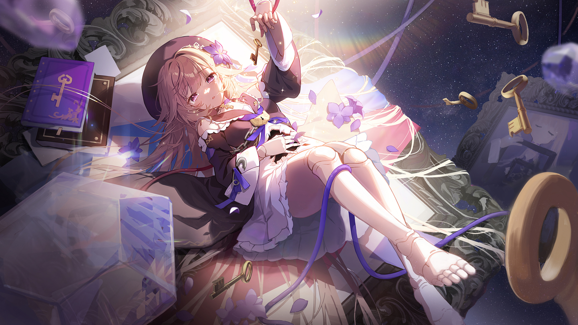 动漫 动漫女孩 赫塔 帽子 书籍 花瓣 钥匙 4K壁纸 3840×2160
