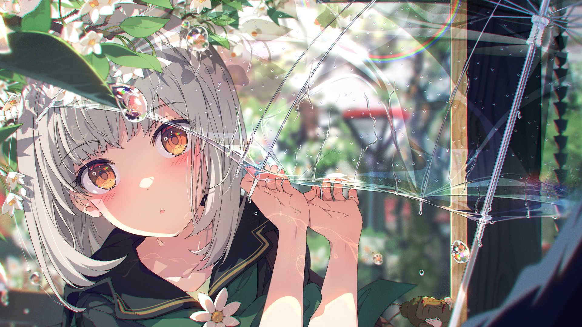 超清白发 动漫 动漫女孩 雨伞 黄眼睛 校服 手机壁纸 4096×2856