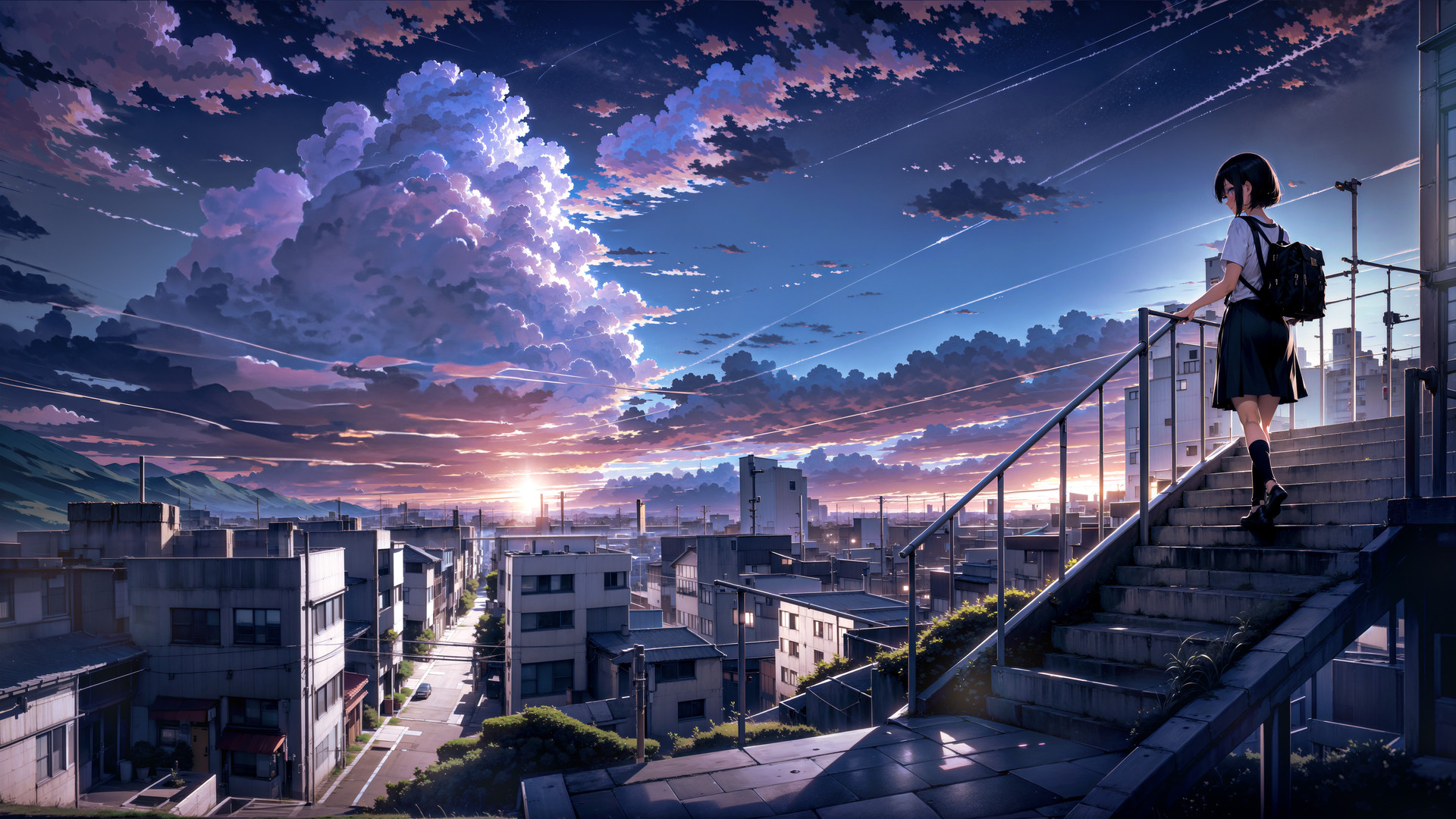 经典女人 短发 深色头发 女学生 楼梯 校服 夕阳辉光 高清壁纸 3840×2160