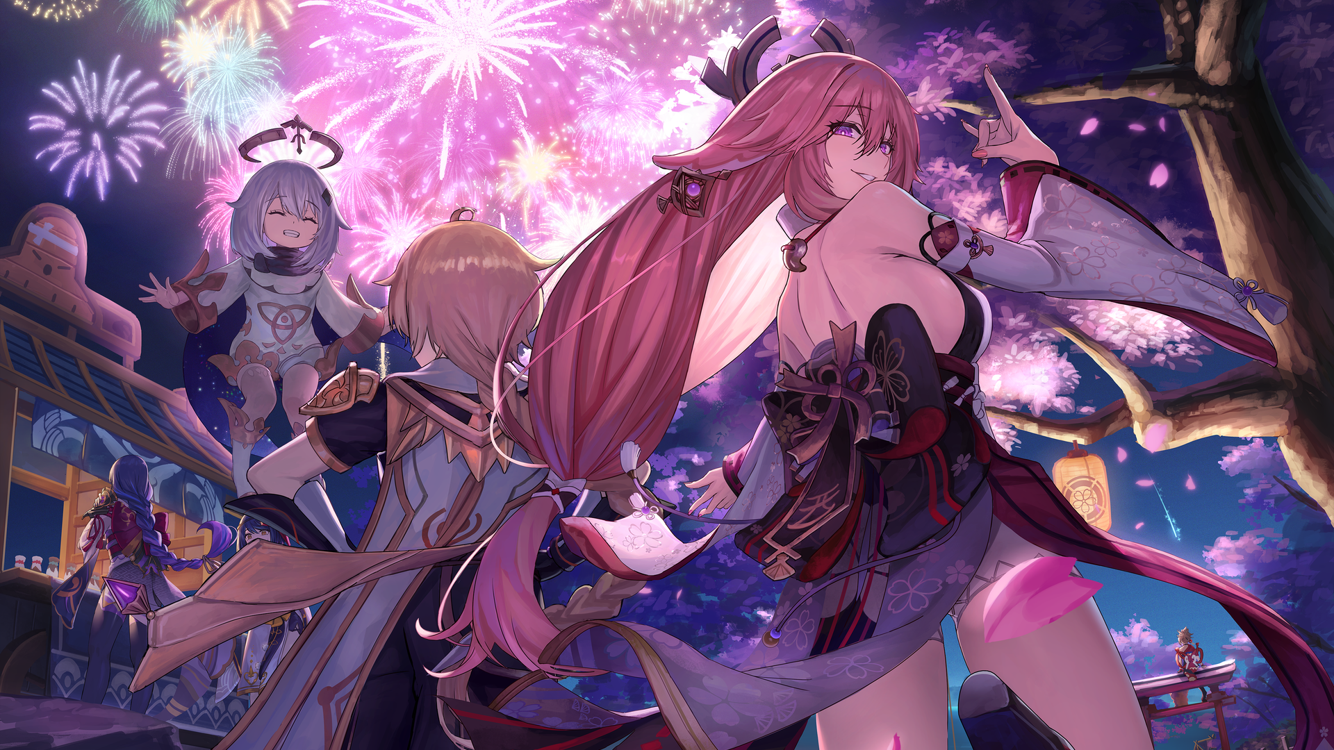 绚丽原神 游戏CG角色 动漫女孩 烟火 花瓣 桌面壁纸 3840×2160