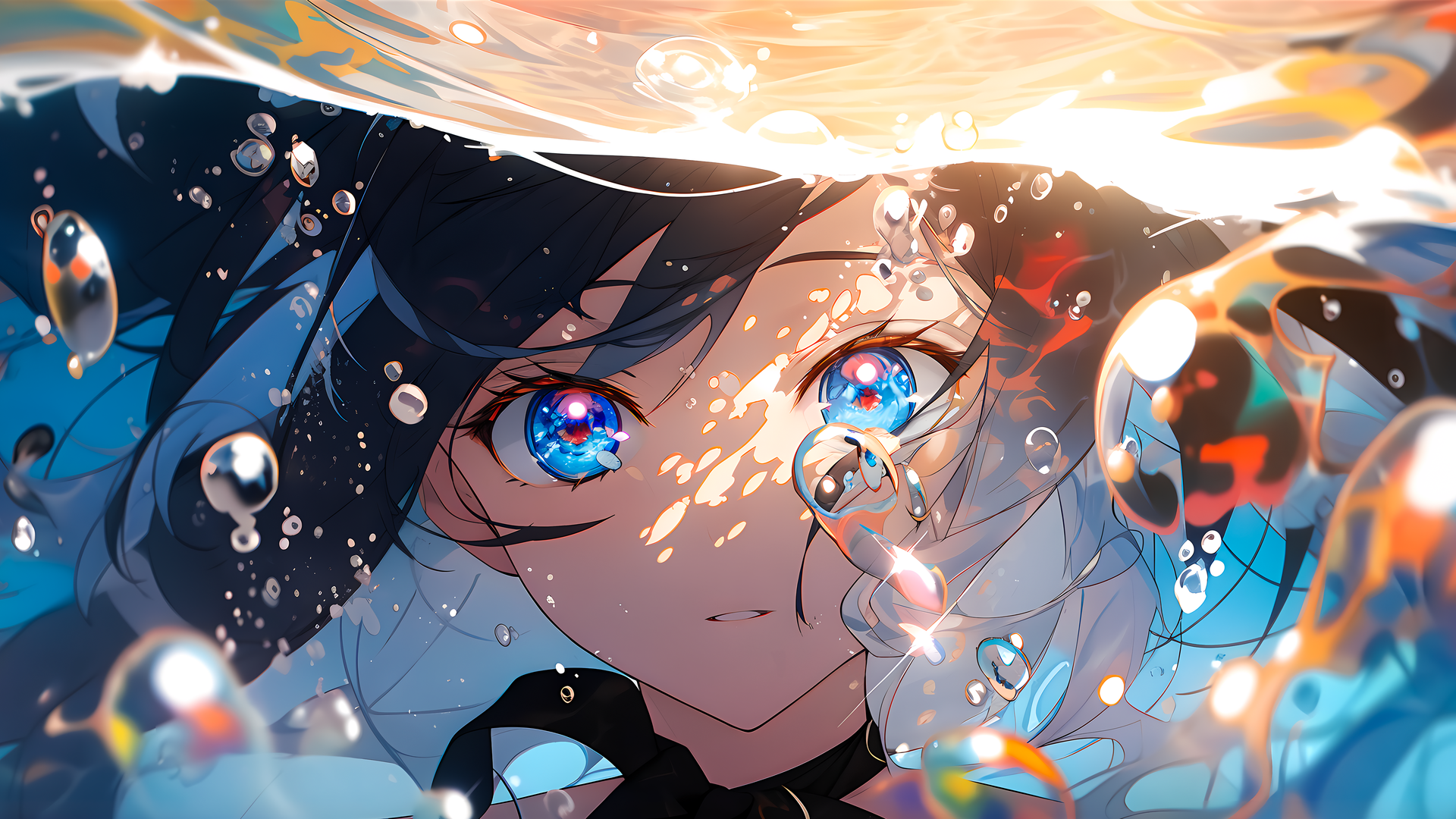 超清蓝眼睛 蓝头发 水下 泡泡 动漫女孩 水 壁纸 3840×2160