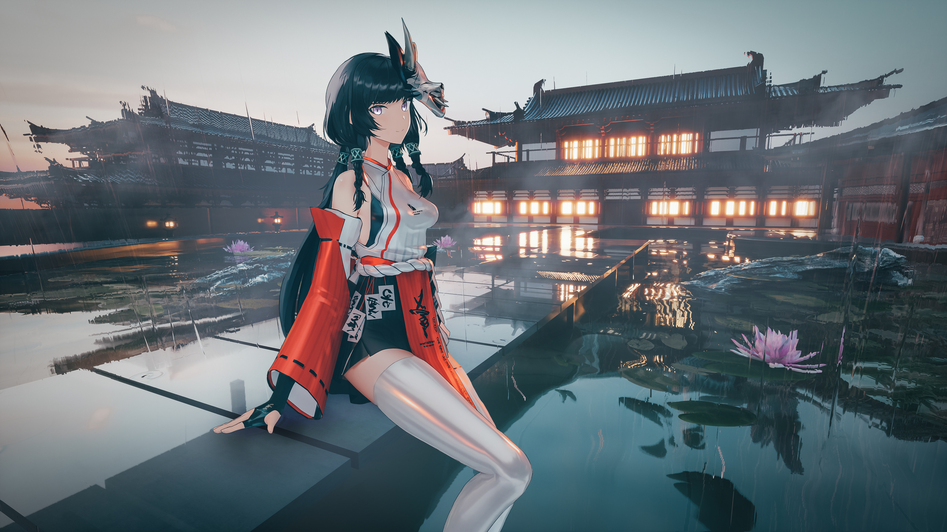 西摩 辫子 紫色的头发 睡莲 水 雨 4K高清壁纸 3840×2160