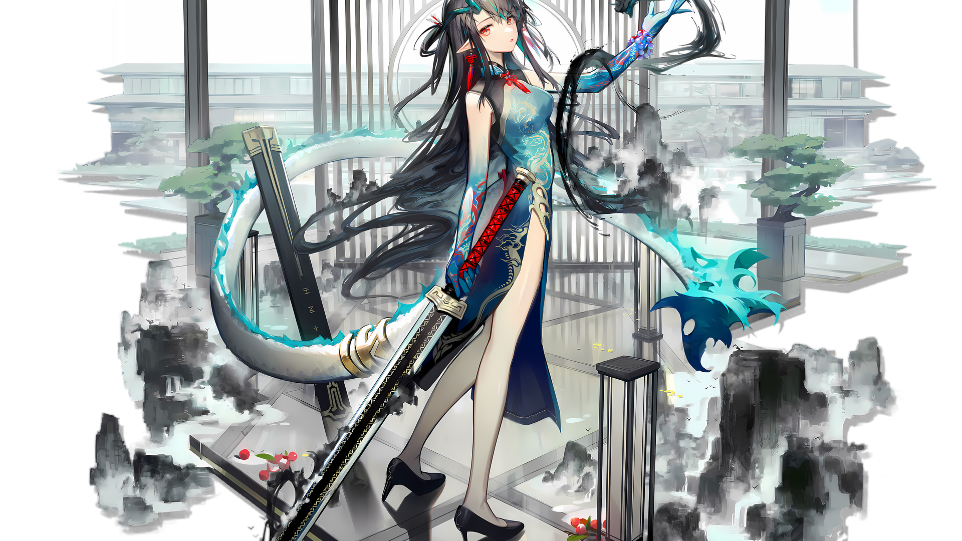 花娘黑图 武士 动漫游戏 动漫女孩 黄昏 龙女 中国服饰 壁纸 3840×2160
