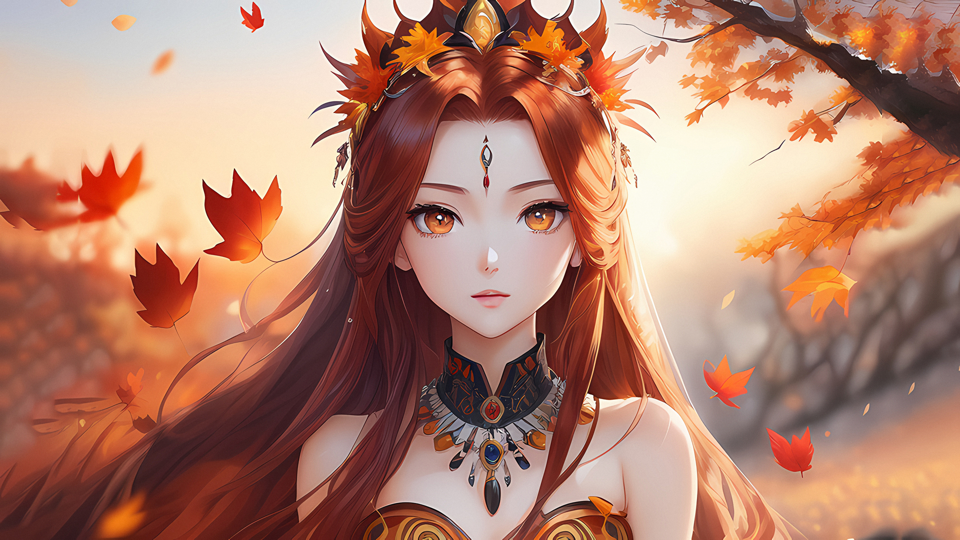 精选女性 艺术 AI艺术 插图 树叶 正面视图 手机壁纸 3840×2160