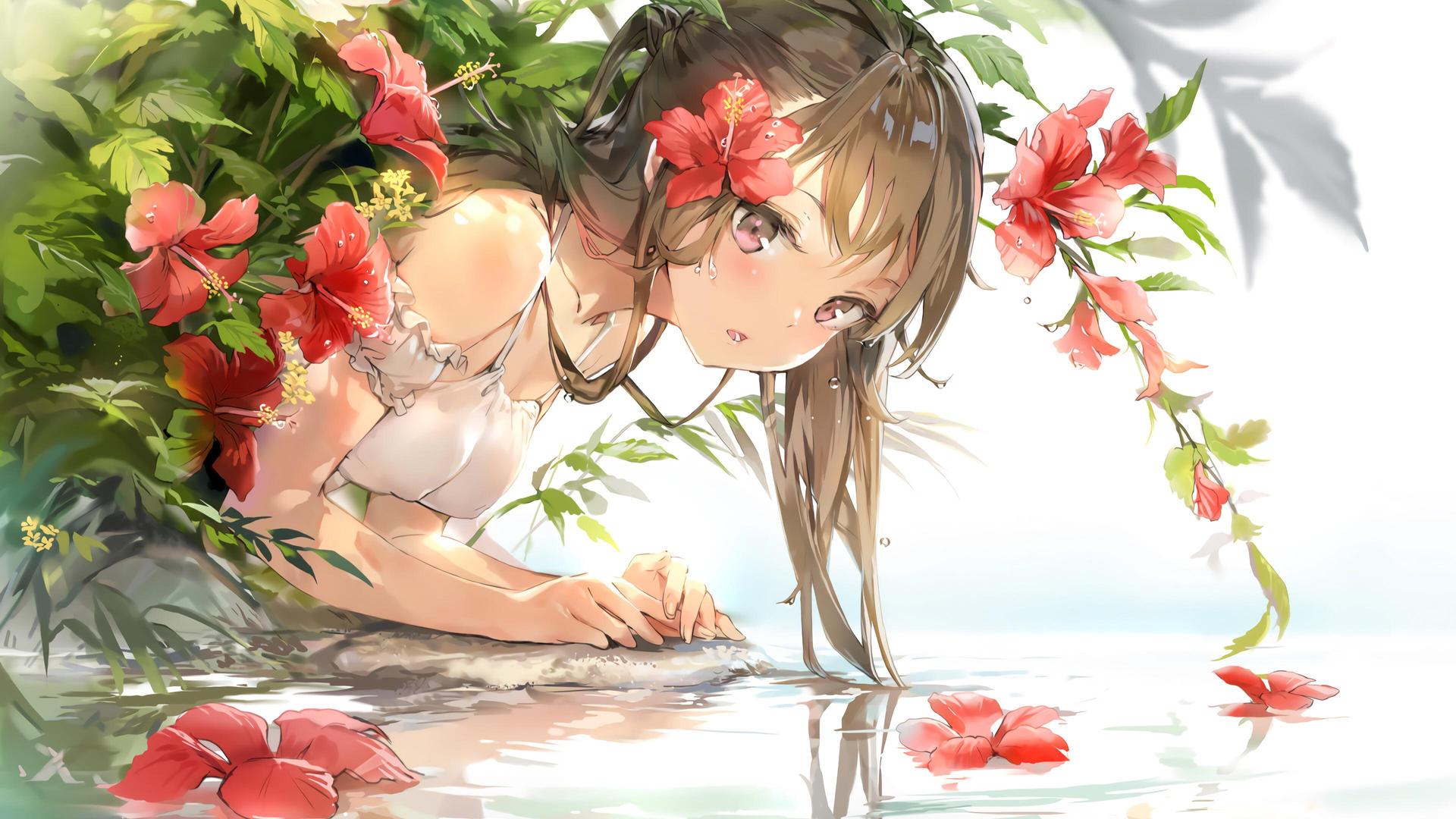 热门安米 黑发 动漫 动漫女孩 AI艺术 肖像 水 花 手机壁纸 3840×2160