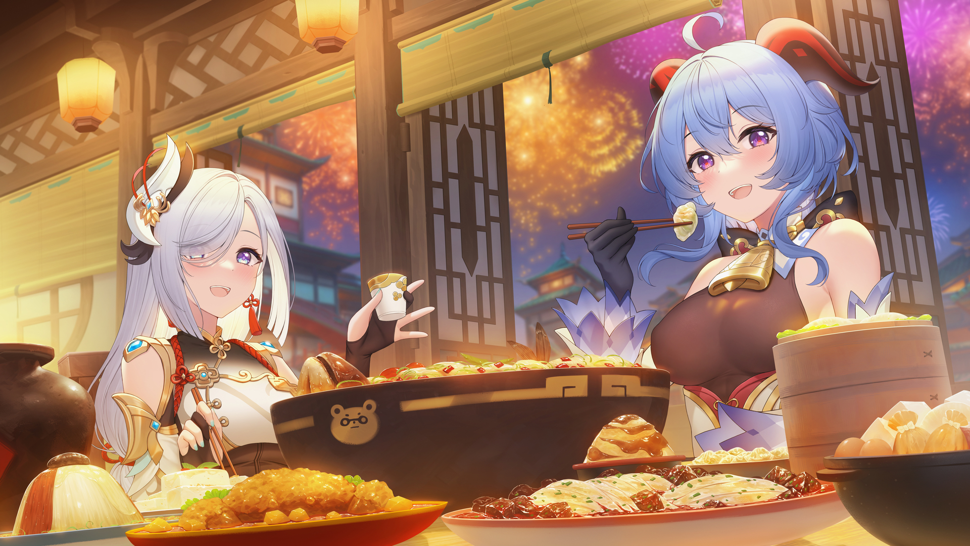 女孩 奇幻女孩 原神 食物 筷子 青发 壁纸 6999×3937