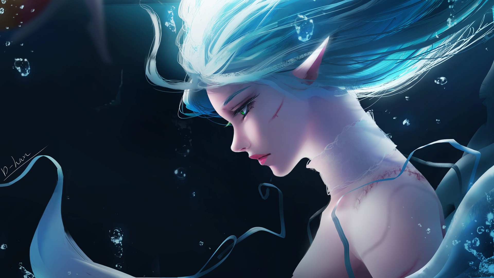 精灵 女人 绿眼睛 幻想女孩 脸 青色头发 4K高清壁纸 3840×2160