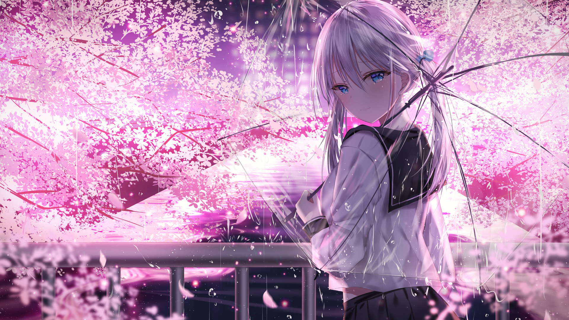 纯帕库卡伦 动漫女孩 校服 水手服 哭泣 雨 樱花 波克 夜 绘画 高清壁纸 3840×2160