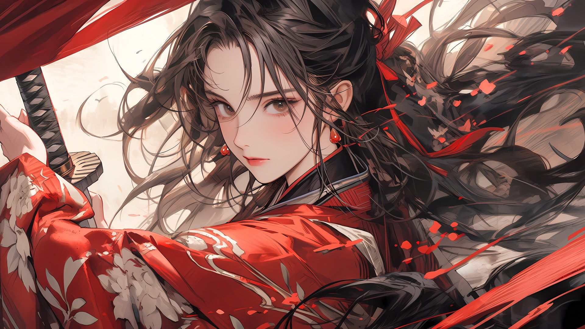 超清艺术 AI艺术 武士刀 红色衣服的女孩 壁纸 3840×2160