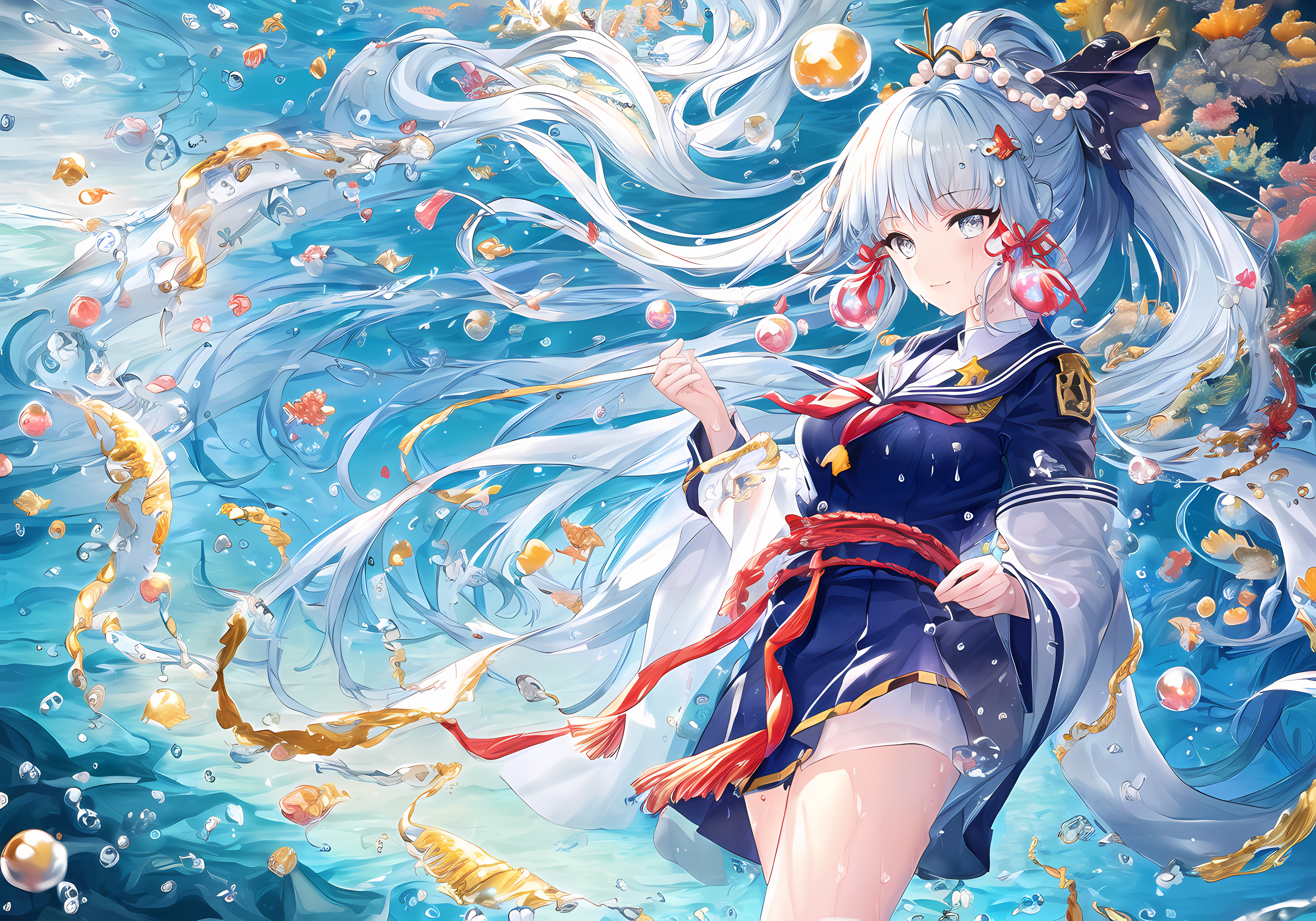 长发 动漫 动漫女孩 原神 艺术 水 泡泡 异瞳 4K高清壁纸 3840×2160