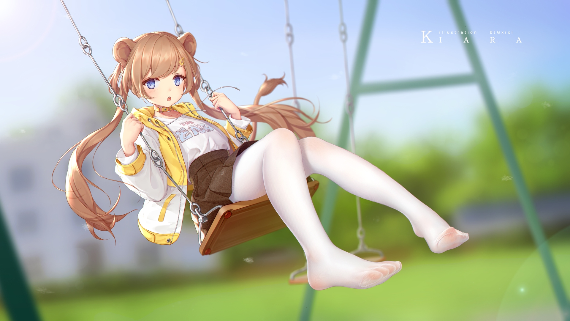 超清脚 金发 蓝眼睛 动漫女孩 秋千 双尾 动漫 裤袜 无水印壁纸 3840×2160