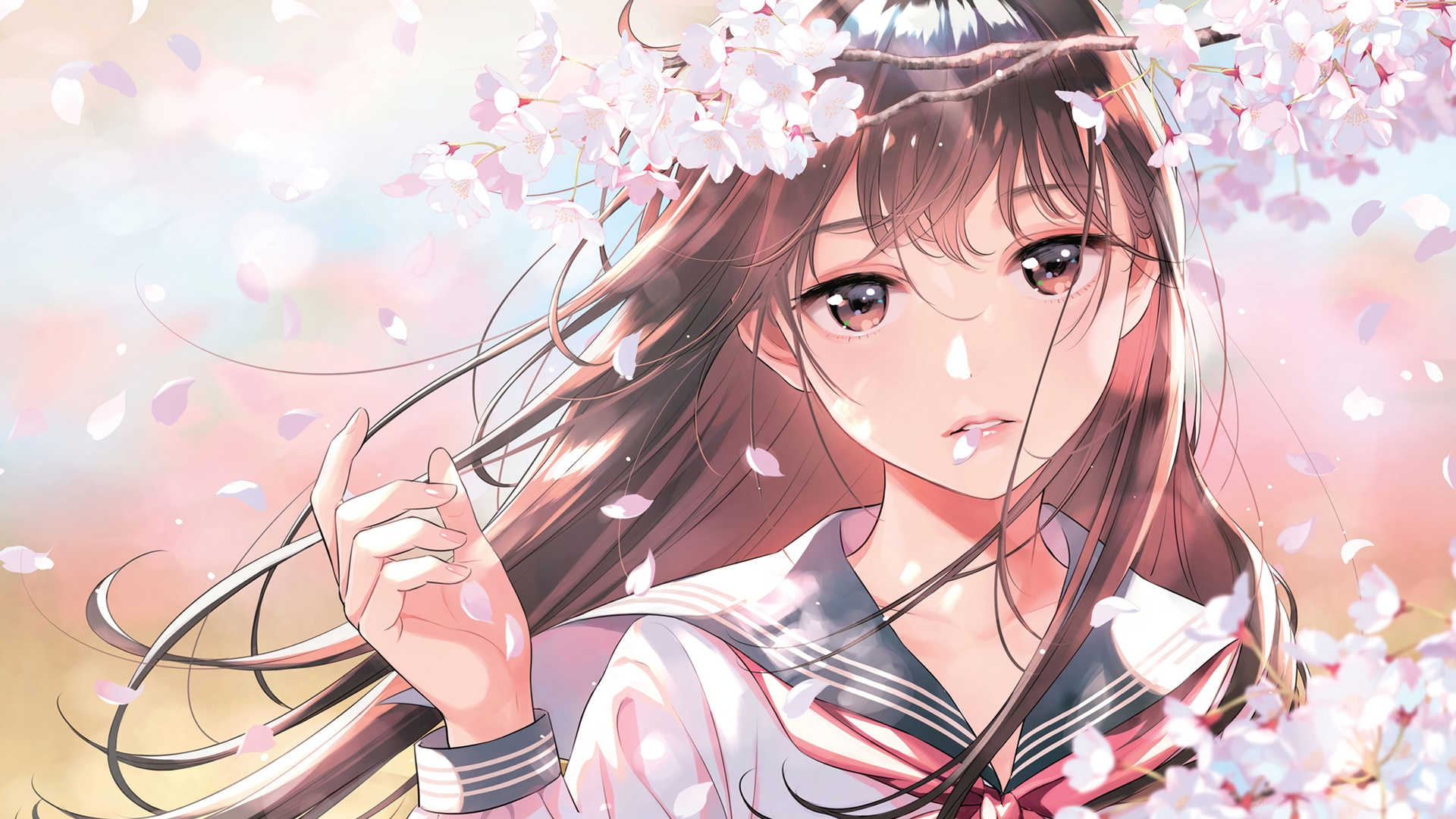 超清长发 女学生 原创人物 盛仓恩 深色头发 AI艺术 动漫 动漫女孩 素描 数字绘画 校服 自然 樱花 肖像 插图 环境 棕色眼睛 4K壁纸 3840×2160