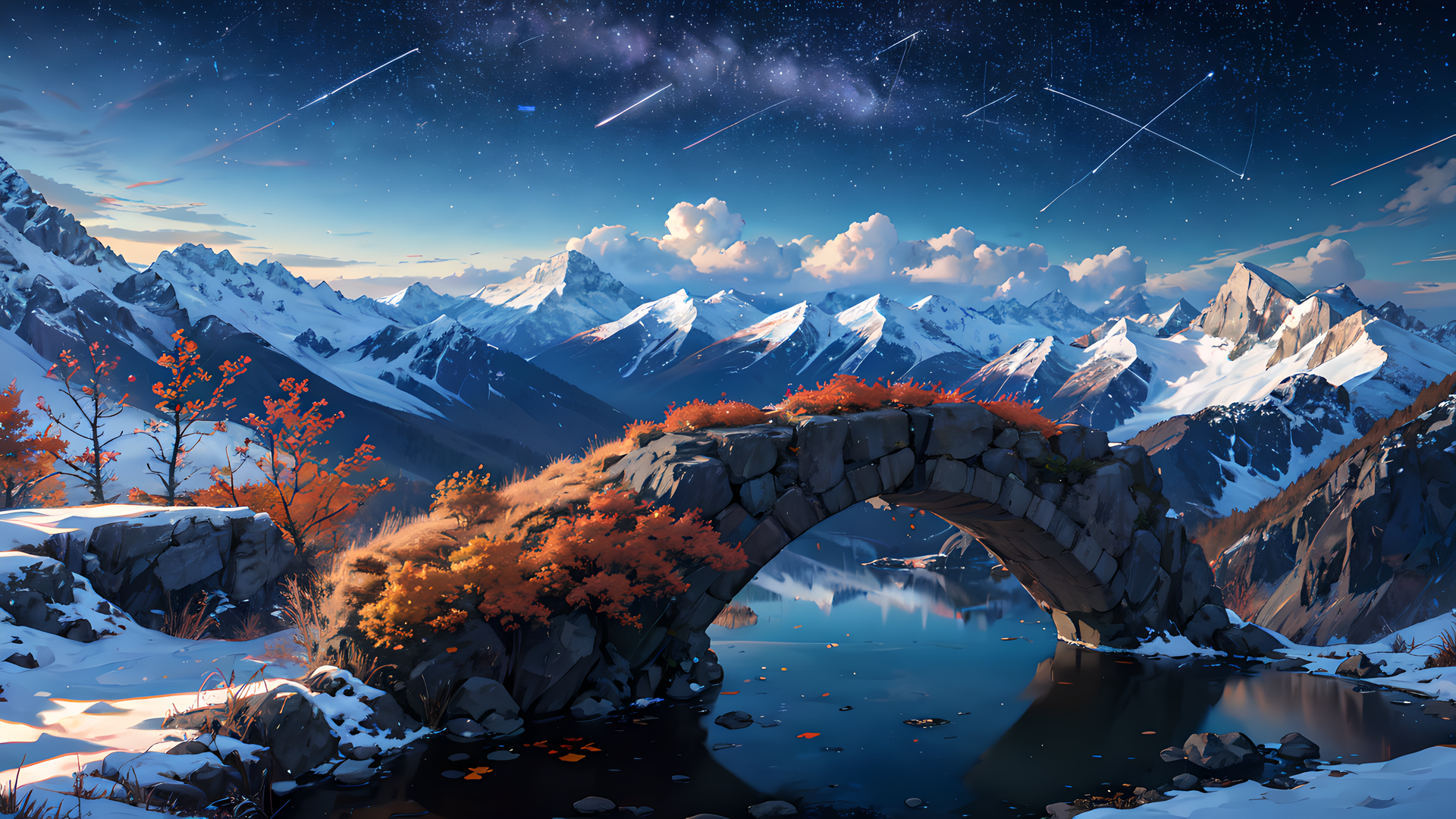 绝美艺术 雪峰 水 拱桥 积雪 山 枫叶 自然 雪 反射 星星 星空 天空 高清壁纸 3840×2160
