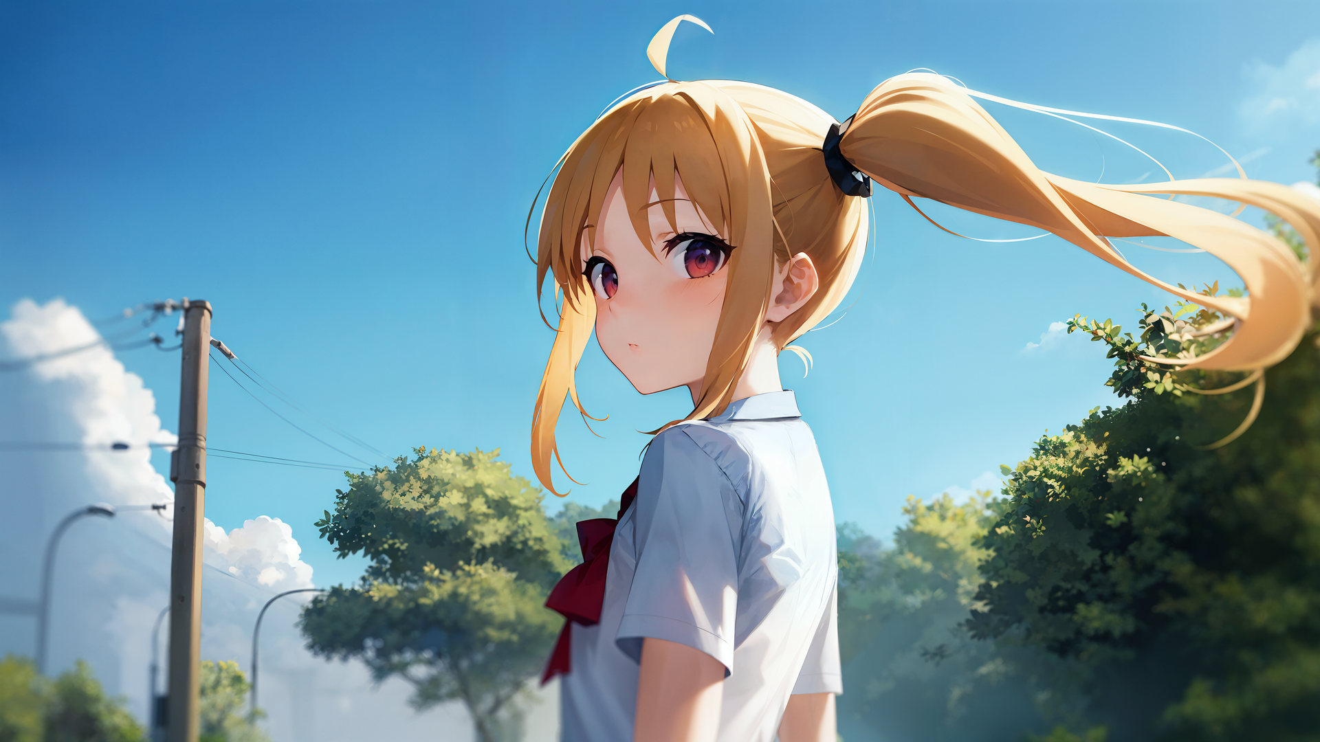 马尾辫 女学生 动漫女孩 艺术 动漫 云 树 校服 回头看 壁纸 3840×2160