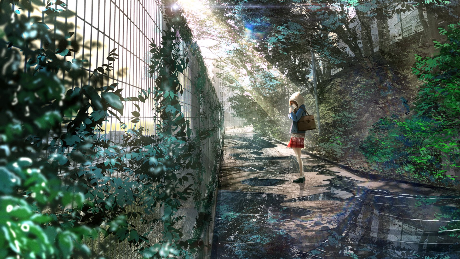 唯美女学生 动漫女孩 树叶 袋 阳光 校服 围栏 反射 水坑 桌面壁纸 4096×2650