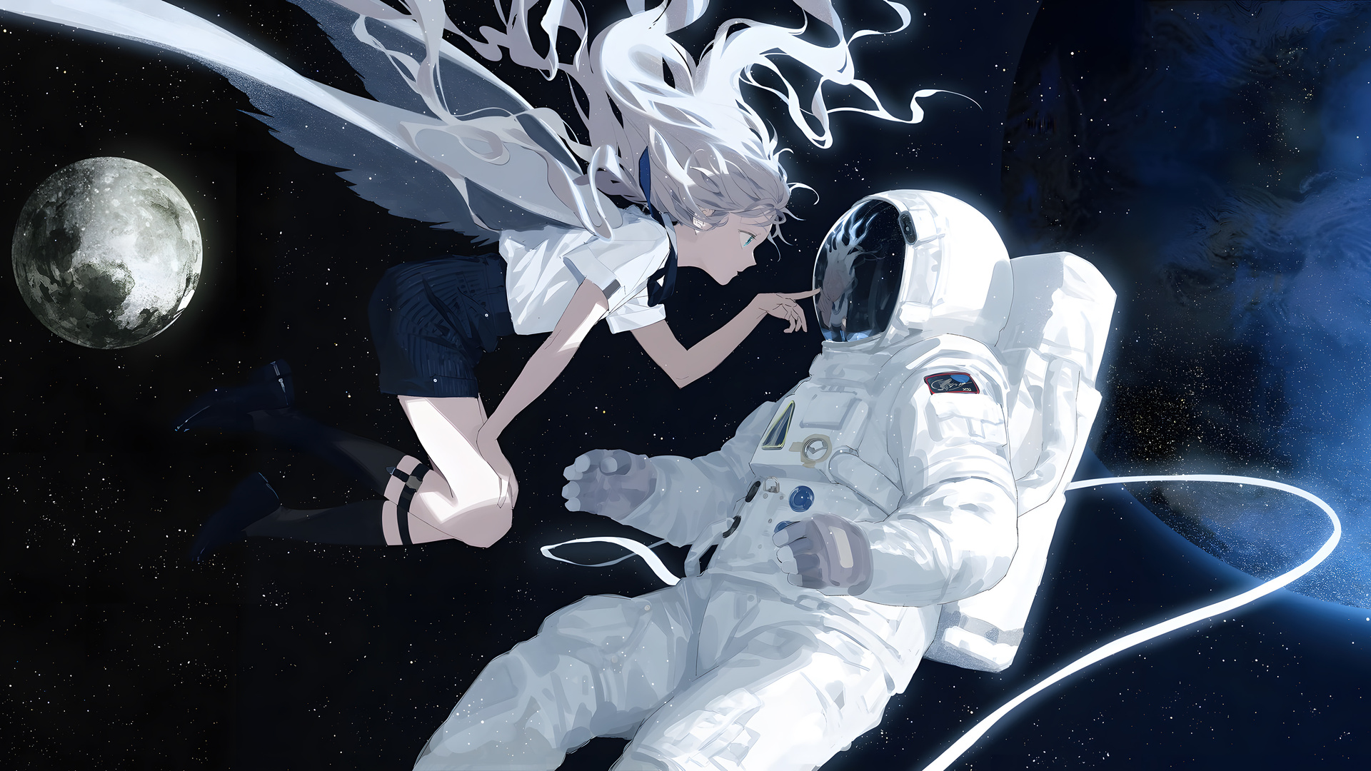 热门白发 个人资料 动漫 动漫女孩 地球 月球 太空 星星 宇航服 壁纸 3840×2160