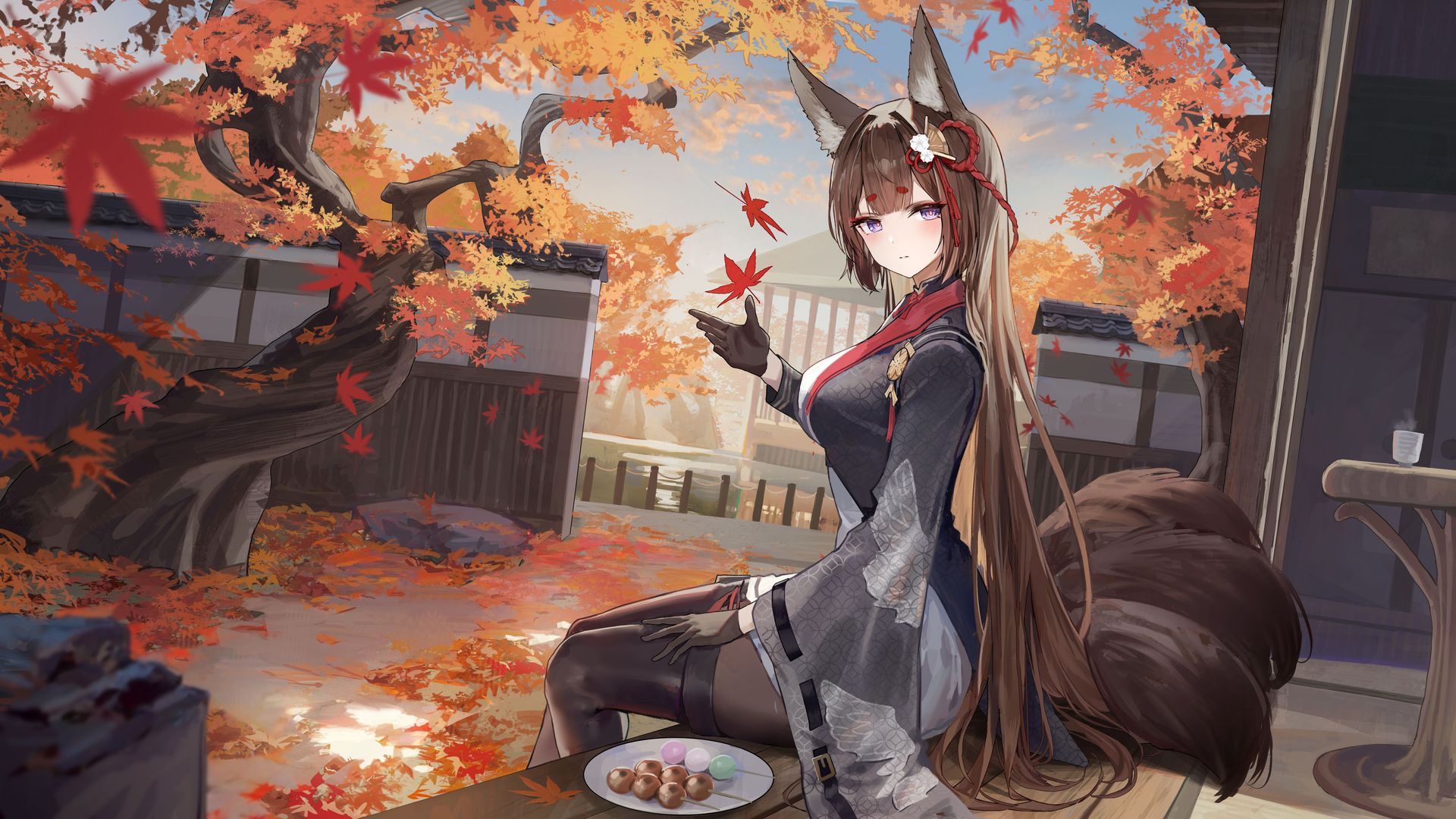 坐着 长发 黑发 蓝眼睛 耳朵 尾巴 动漫 女孩 连裤袜 高跟鞋 黑手套 头饰 落叶 盘子 食物 流苏 4K高清壁纸 5400×3038