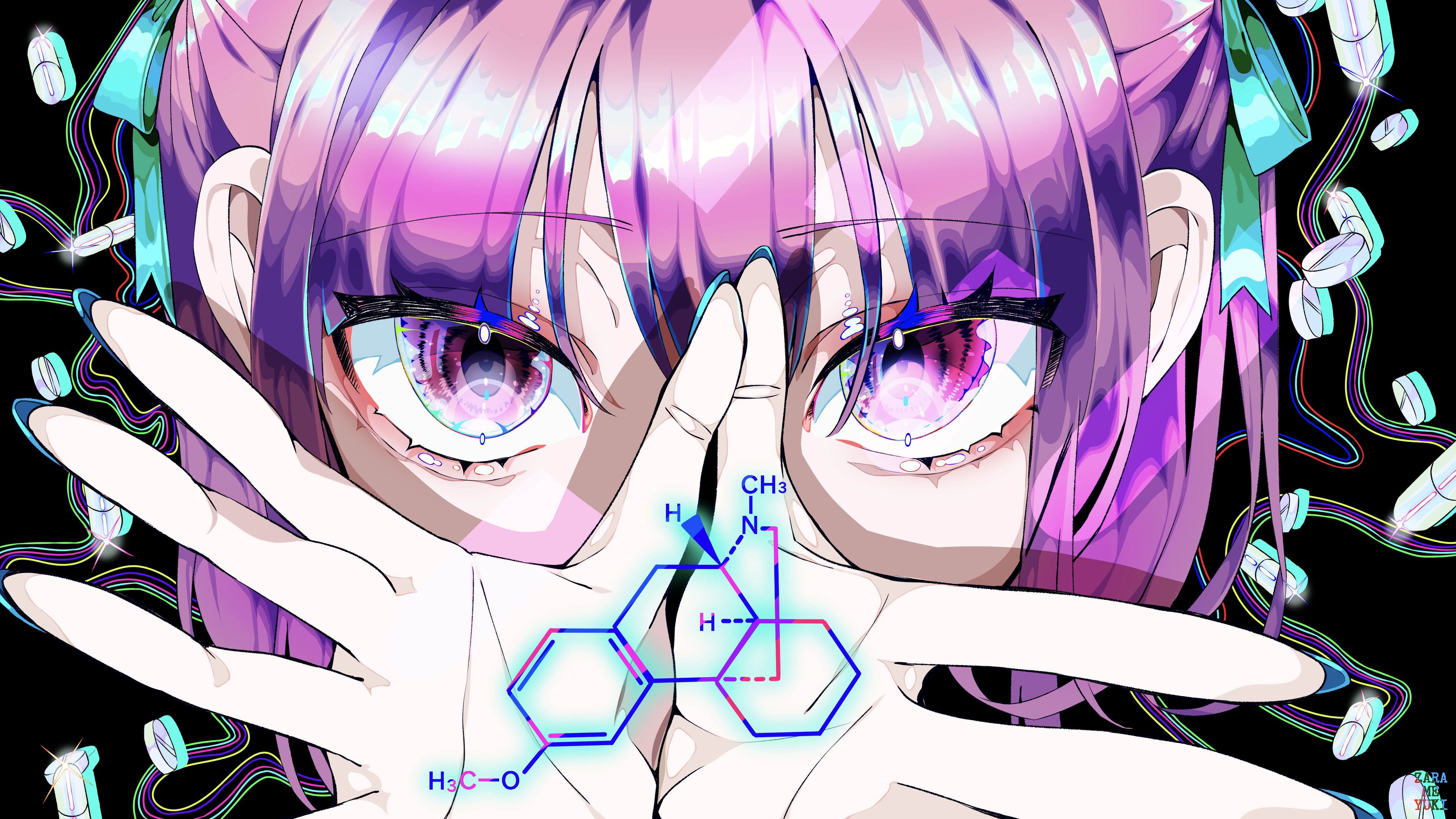 紫色头发手 手指 短发 脸 指甲 动漫 女孩 药物 化学结构 黑色背景 分子模型 药丸 眼睛特写 壁纸 5000×2813