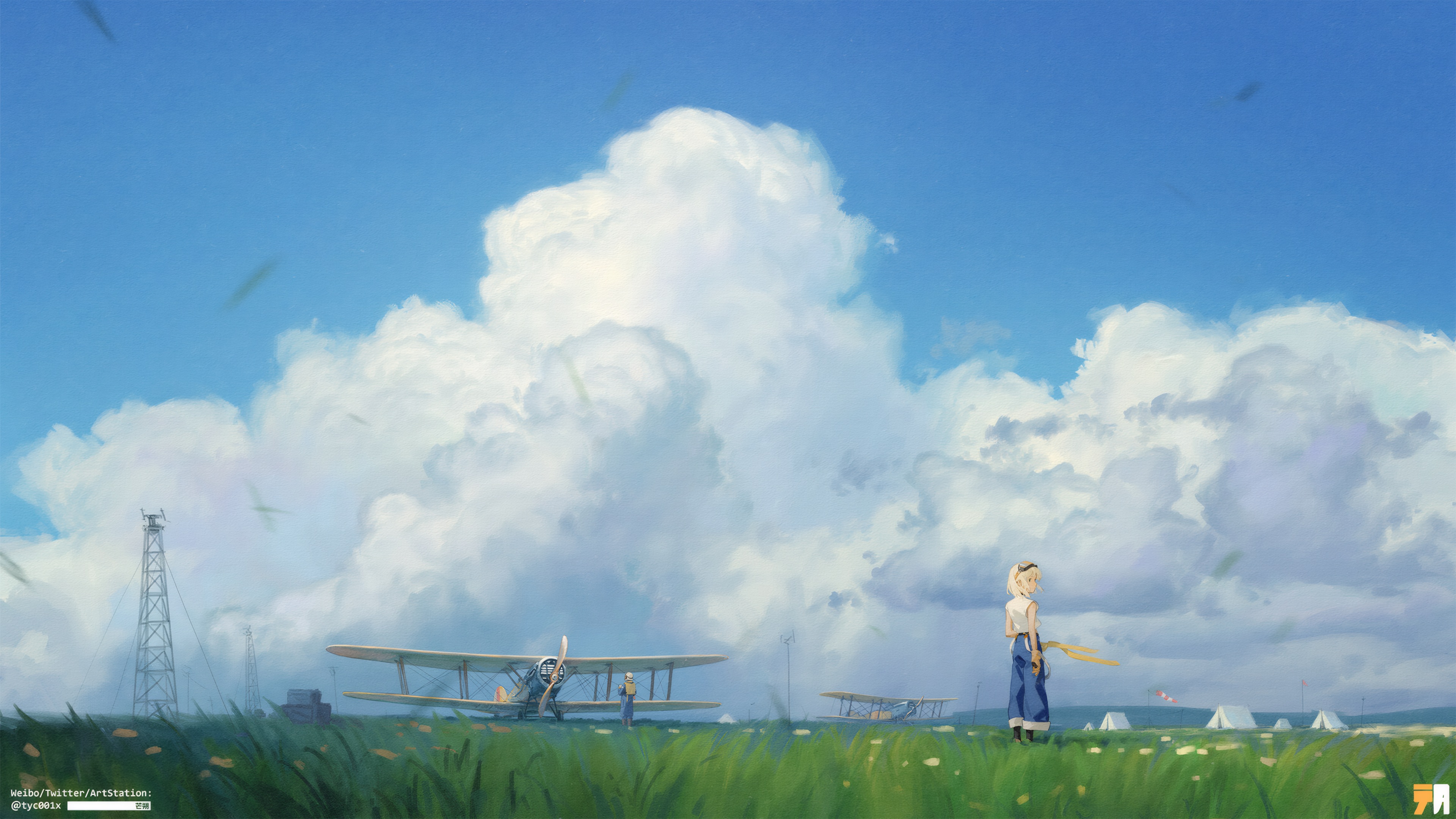 云 草 螺旋桨飞机 帐篷 飞机 草地 蓝天 无水印壁纸 3840×2160