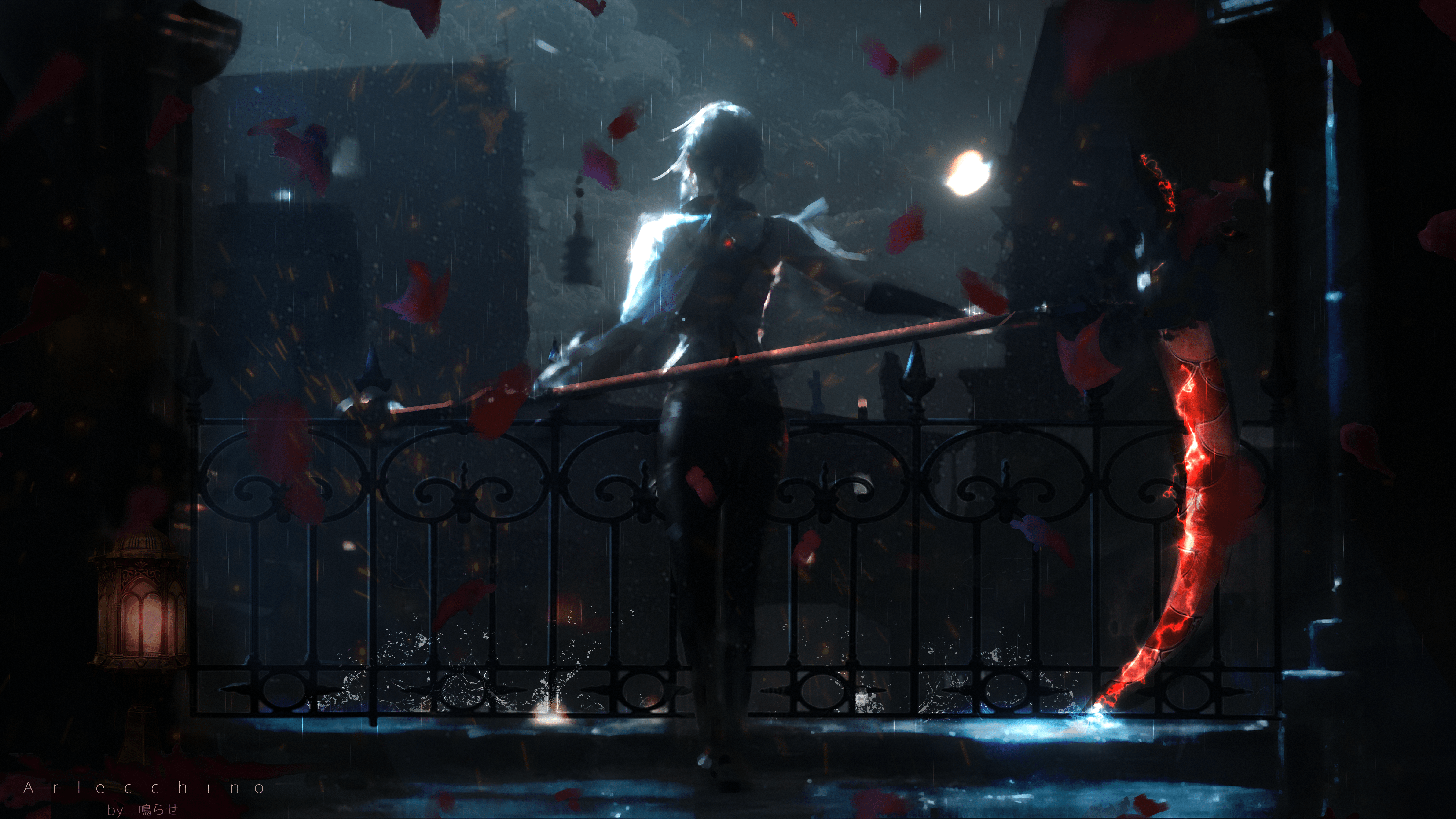 白发 插图 镰刀 现实 雨 夜 壁纸 6221×3500