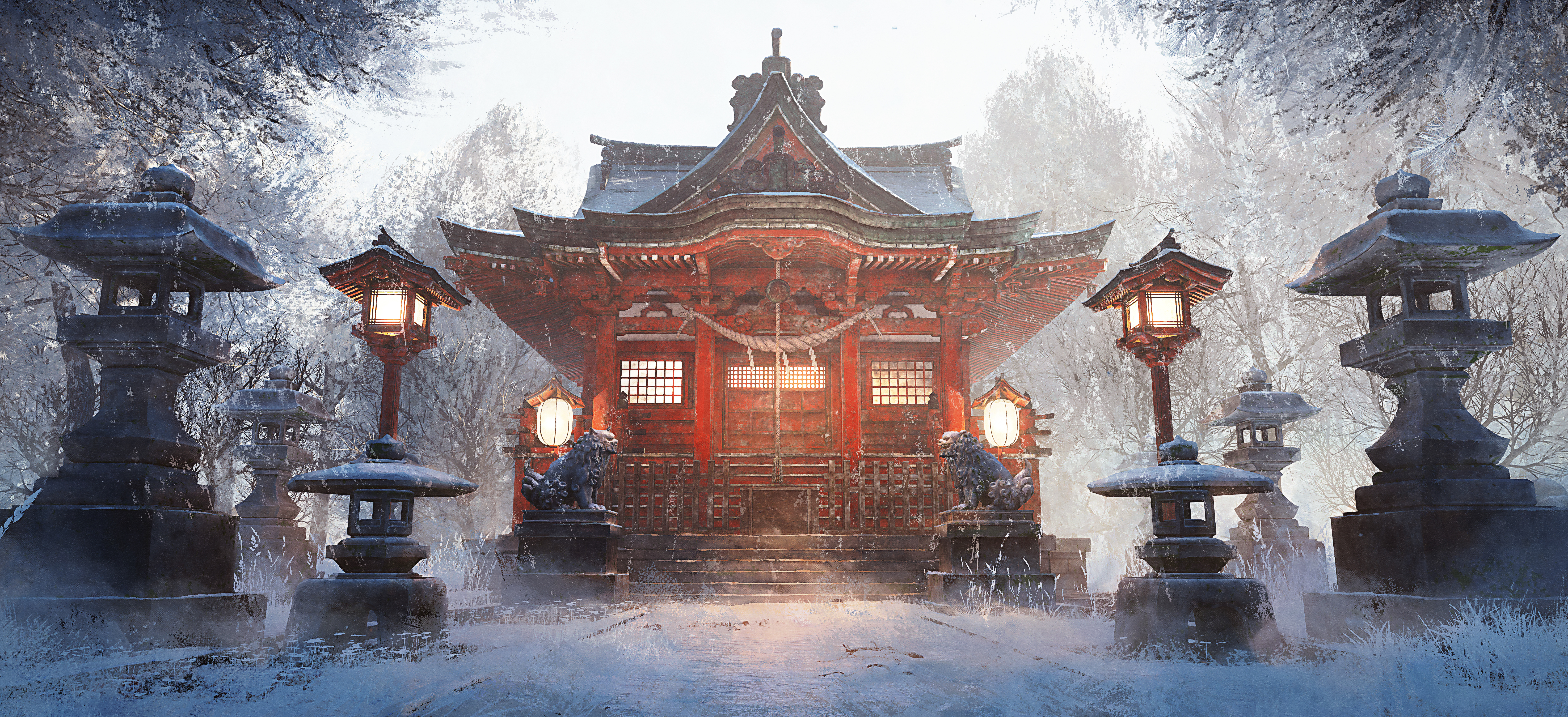 唯美建筑 雾 雪 树木 灯笼 超宽 数字艺术 台阶 雕像 绳索 高清壁纸 5900×2700