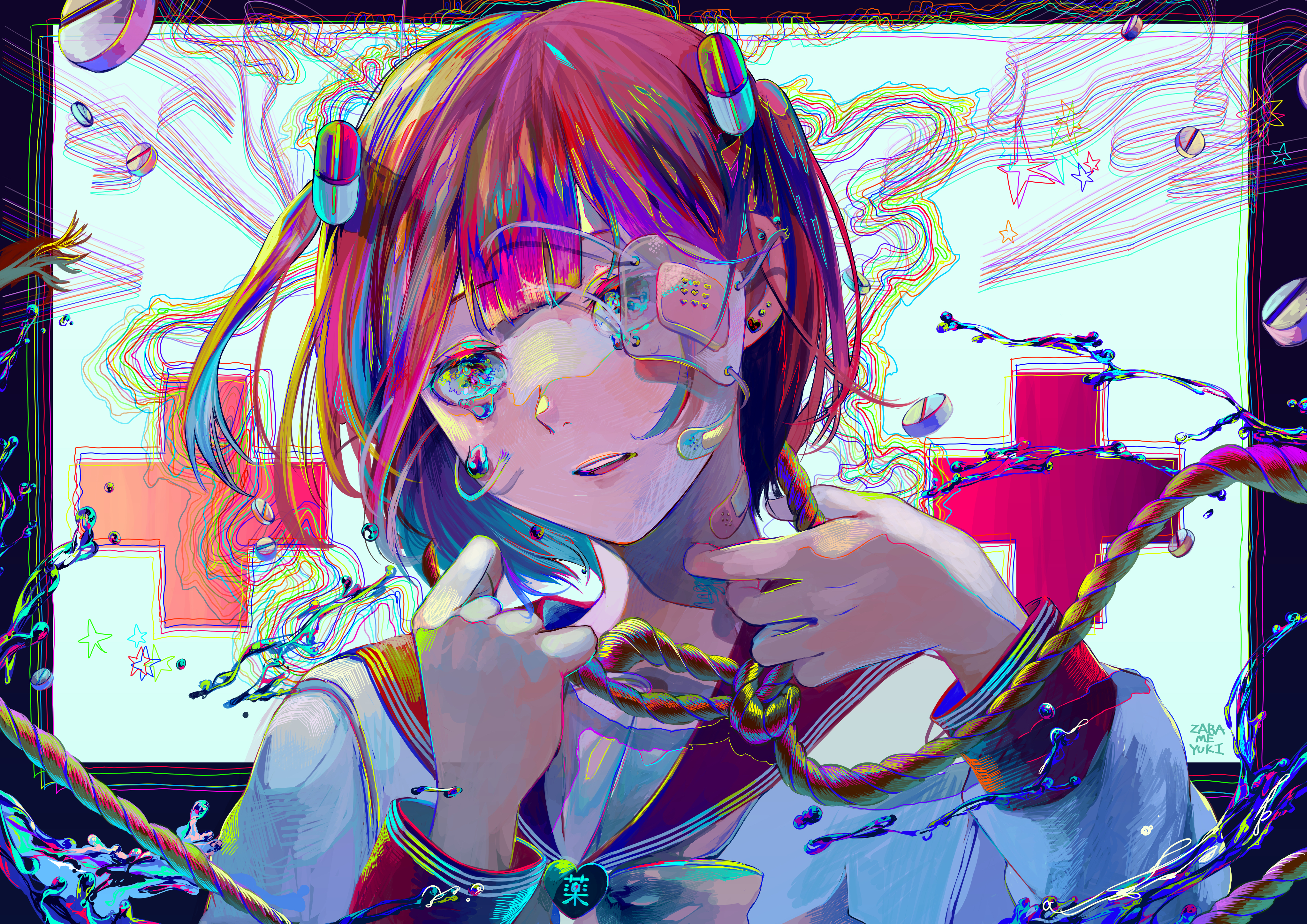 短发 女学生 多色眼睛 多色头发 动漫 女孩 水手制服 绳索 补丁 眼罩 哭泣 水滴 彩色 校服 创可贴 壁纸 4093×2894